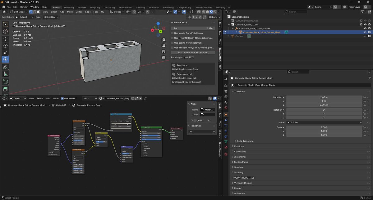 tora_3dcg's tweet photo. GPTCodexを使用してBlenderMCPから2000ポリゴン程度を指定してローポリ猫を作らせてみました。
２枚目は実際のコンクリートブロックの写真を与えて作らせてみました。
いくつか難点はあるもののスタティックオブジェクトにはユースケース次第で使えるかもしれない。 https://t.co/865KgNfosy