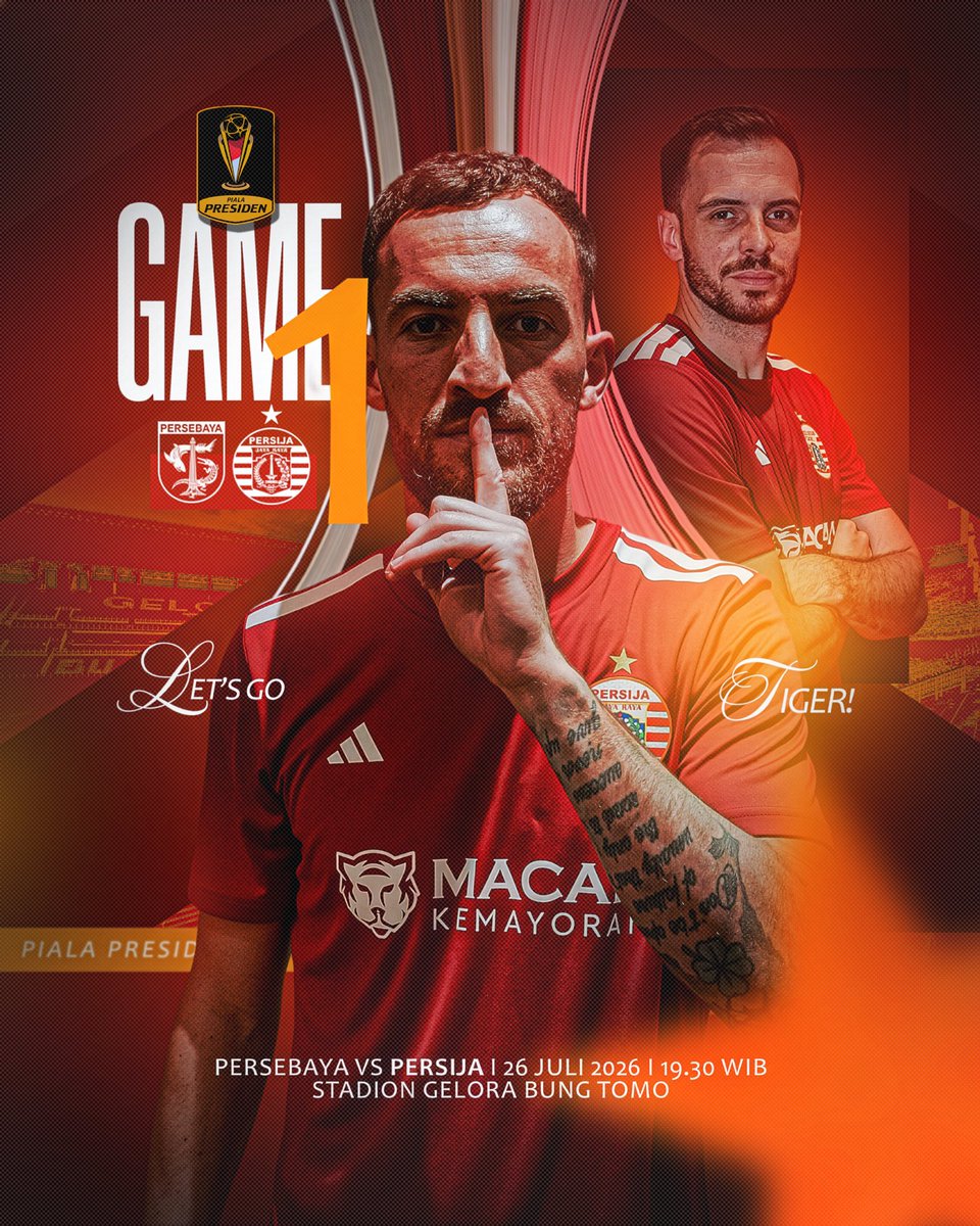 Persija_Jkt's tweet photo. 𝐋𝐀𝐆𝐀 𝐏𝐄𝐑𝐃𝐀𝐍𝐀 𝐏𝐄𝐑𝐒𝐈𝐉𝐀! 🔥🐅

Perjalanan Persija di Piala Presiden Elite 2026 dimulai malam ini.

🆚 Persebaya
🏟️ Stadion Gelora Bung Tomo
🕢 19.30 WIB

Awali perjuangan dengan hasil terbaik, Macan! 🐯

#PersijaDay #PialaPresidenElite2026 #Persija https://t.co/lW9N6mUUav