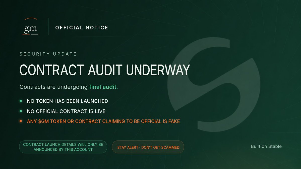 StableGtaminer's tweet photo. GM
Security update from the GTAMINER team. 🛡️🟢

Our contracts are undergoing final audit. Take note:

▸ NO token has been launched
▸ There is NO official token or contract yet
▸ Anything claiming to be $GM  right now is FAKE

The official contract address and launch time will ONLY be announced here, in advance.

Don't get scammed. Watch this account.

Built on @Stable · #GTAMINER