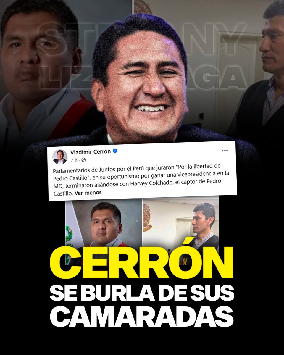StefLizarraga's tweet photo. ¡LOS EXPONE Y SE LES BURLA EN SU CARA! 🚨

El prófugo Vladimir Cerrón se burla sin piedad de sus propios camaradas de izquierda. Señaló la desfachatez de los parlamentarios de Juntos por el Perú, quienes tras jurar "Por la libertad de Pedro Castillo", en su desesperado oportunismo por ganar una vicepresidencia en la Mesa Directiva, terminaron aliándose nada menos que con Harvey Colchado, el propio captor de Pedro Castillo. 

Una muestra más de las contradicciones y el acomodo político de la izquierda, que no duda en abrazarse con quienes antes calificaban de "enemigos" con tal de asegurar una cuota de poder en el Congreso.

👇 ¡Déjanos tu opinión en los comentarios y comparte esta publicación! 👇

#VladimirCerron #JuntosPorElPeru #PedroCastillo #HarveyColchado #MesaDirectiva #CongresoPeru #PoliticaPeruana #NoticiasPeru
