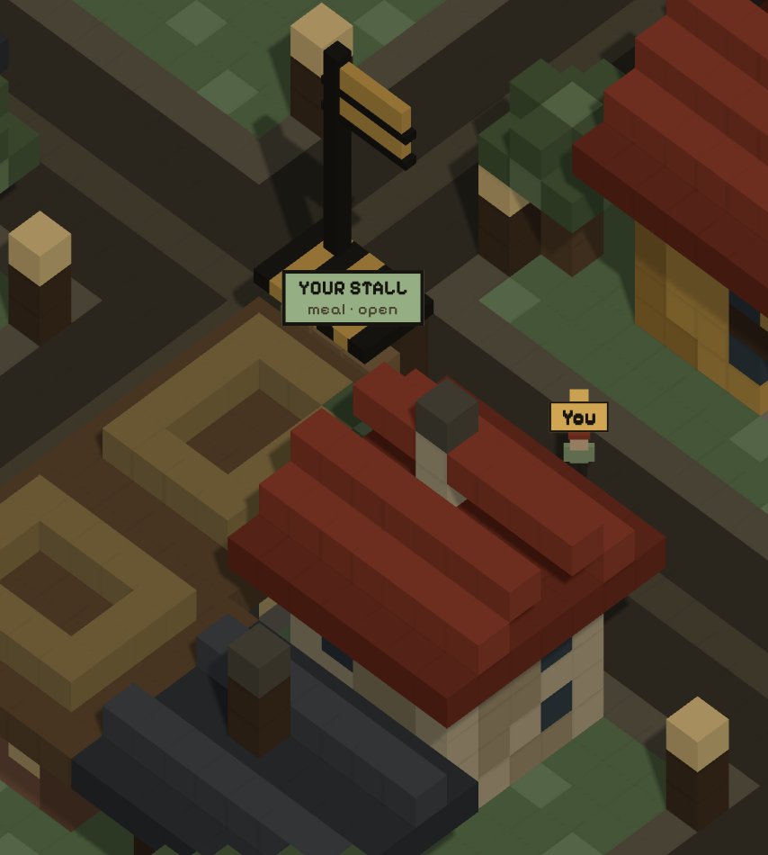 voxvillefun's tweet photo. You don't have to work someone else's shift forever. In VOXVILLE, you open your own kiosk.

Rent a stall, stock your shelves, set your prices — then let the town come to you. Simulated citizens with real wages and a 7am coffee habit walk your street every morning, and every sale they make lands in your register. Your kiosk earns while you sleep, because your customers never log off.

Stop taking shifts. Start running the corner. This is how a Drifter becomes a Shopkeeper. $VOXV