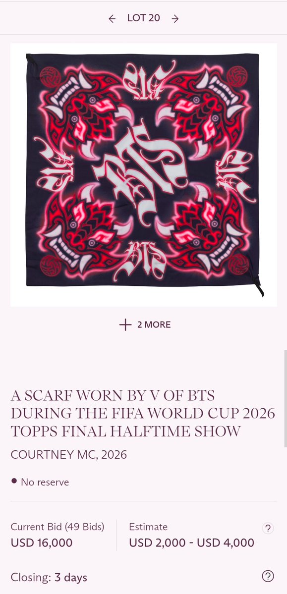 v_hotrends's tweet photo. Kim Taehyung #V's FIFA World Cup 2026 scarf auction has reached $16,000, exceeding the initial estimate of $2,000–4,000 USD. It's the highest-bid for an individual lot

Each bid goes to global education through the FIFA Global Citizen Education Fund

https://t.co/hIzANuolLk https://t.co/uvN6genEkU