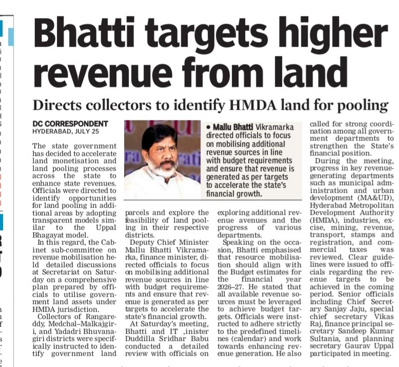 revanthannanews's tweet photo. ✅Bhatti pushes land pooling to boost State revenues
🔹Collectors told to identify HMDA land parcels
🔹Transparent land pooling model to be expanded
🔹Revenue mobilisation aligned with FY27 targets
@Bhatti_Mallu #Telangana. @HMDA_Gov #LandPooling #RevenueGrowth
@DeccanChronicle https://t.co/B9XPPWEu47