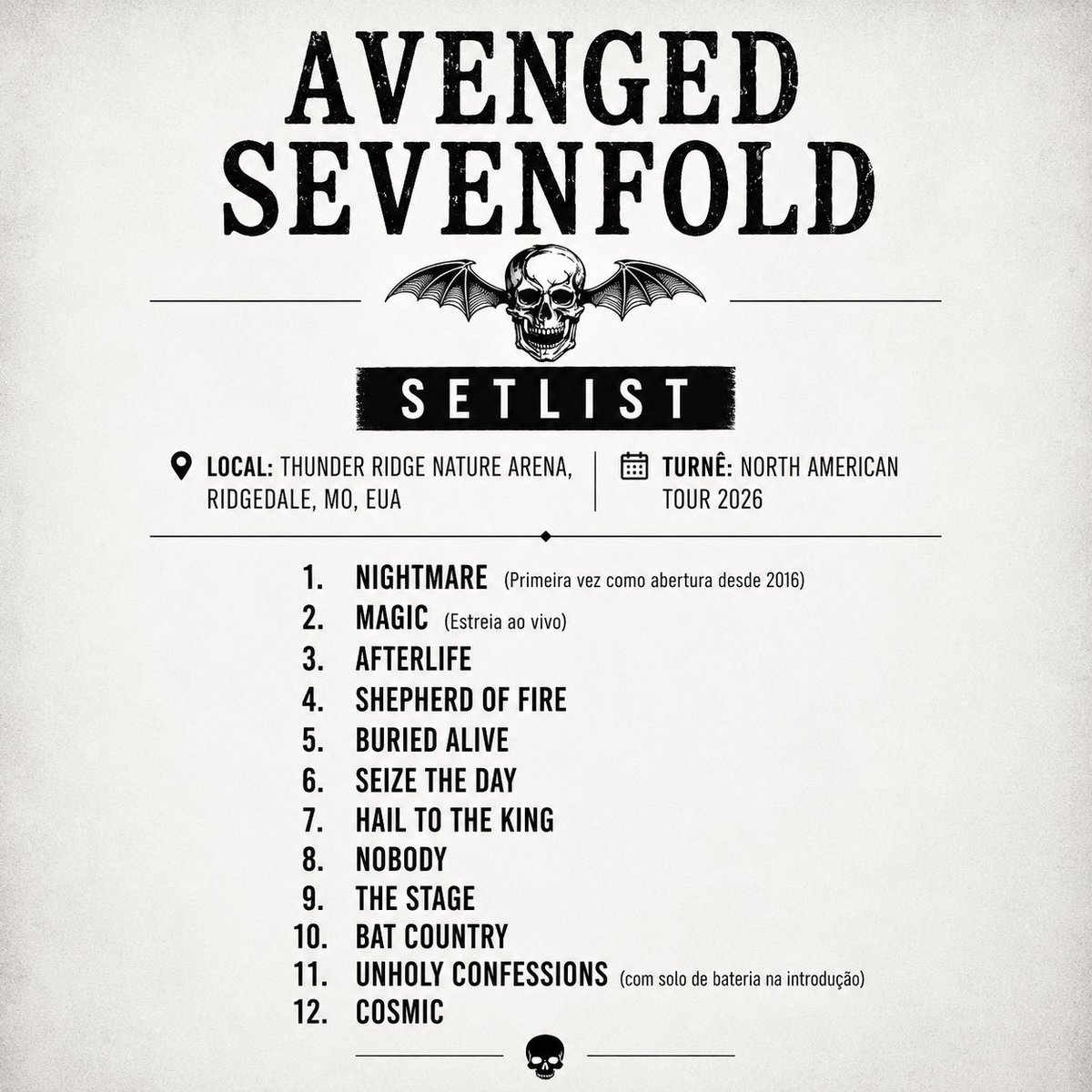 A7xFVOficial's tweet photo. Este foi o setlist do primeiro show da turnê Norte Americana https://t.co/KAfWUDGJfK