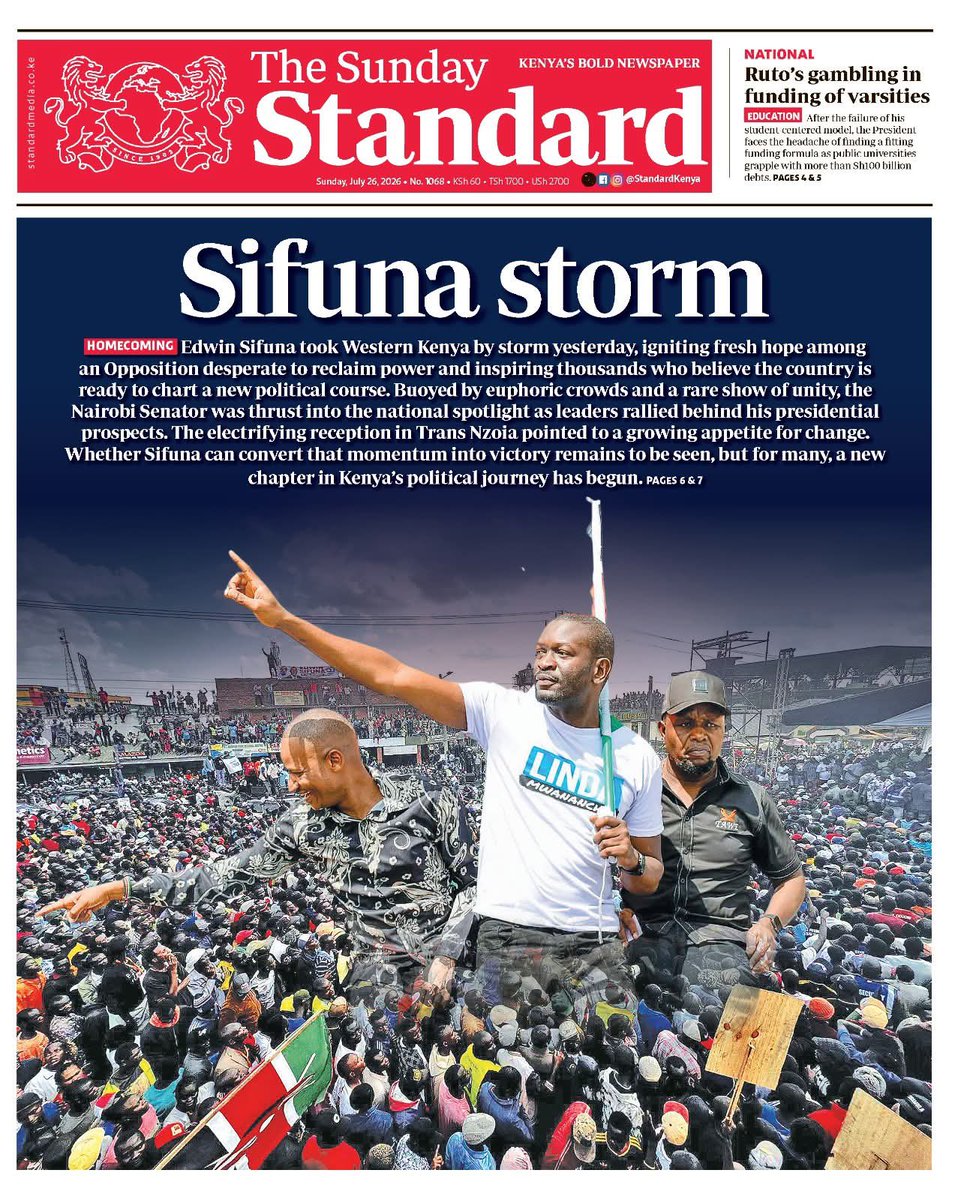 MRSMuruguu's tweet photo. Long Post Alert! 

The front pages of the Sunday Nation and the substandard Sunday Standard are cheap, parasitic billboards for political cartels running a filthy cash-and-carry extortion racket. The headline you see on the front page is simply the dirty transaction you don’t see behind closed doors, because it is an absolute impossibility for two supposedly fierce rivals to organically scream the exact same "Sifuna Storm" phrase on the exact same Sunday without a coordinated wire transfer. 

Today's synchronized print run is a calculated, hostile anti-government sabotage operation masquerading as journalism, orchestrated and weaponized directly by Uhuru Kenyatta’s liaison team to ram a manufactured facade down the throats of Kenyans. 

These unprincipled, brown-envelope-chasing editors completely weaponised their platforms, pocketing KES 700,000 each through Uhuru's female proxy whose father previously owned the former Jubilee Party building, all to force citizens into believing that Sifuna commands a massive public following when the reality on the ground is a completely hollow illusion. 

This systemic media rot perfectly mirrors the exact extortion rate cards exposed in Issack Hassan's memoir, proving that these unpatriotic newsrooms are treating headline placements, TV soundbites, and gossip columns as cheap merchandise engineered to inflate fake political heavyweights, attack the state, and manufacture an artificial crisis for their master.

This blatant corruption exposes why Wananchi have completely lost faith in these mercenary, compromised newsrooms that operate as shameless propaganda machines trading public trust for Uhuru's dirty cash. 

These captured, dishonest media outlets prioritize dirty under-the-table payouts, deliberately styling their coverage to sabotage state progress while acting as a loud megaphone for anti-government forces looking to destabilize the country with artificial popularity contests. 

Fact us, Audiences are consuming bought-and-paid-for deception engineered specifically by these media mercenaries to control their minds rather than inform them. Trust today's mainstream media headlines at your own peril.