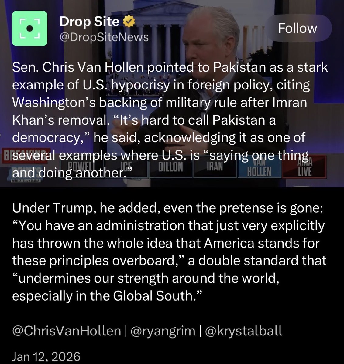 ErikaCA47's tweet photo. ‼️ Did you know that Sen. Chris Van Hollen (margarita man) was born in Pakistan? 🤯🇵🇰

He lived in the Middle East most of his childhood as his father was a U.S. foreign officer. 

His loyalty to Pakistan runs deep. Look at all his ties. Screams national security threat. 🚨

His father often trashed Nixon’s foreign policy. And, Drop Site News had Van Hollen spewing the same anti-American rhetoric. Like father, like son.
