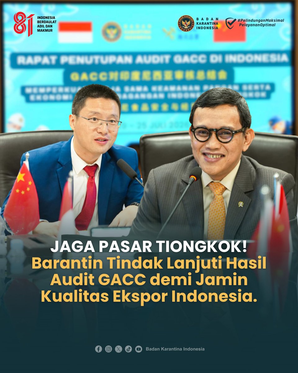 BarantinRI's tweet photo. JAGA KREDIBILITAS &amp; KEPERCAYAAN PASAR TIONGKOK! 🇮🇩🇨🇳

Badan Karantina Indonesia (Barantin) bergerak cepat menindaklanjuti seluruh rekomendasi hasil Surveillance Audit dari General Administration of Customs of the People's Republic of China (GACC)

#Barantin https://t.co/62WU75mY6A