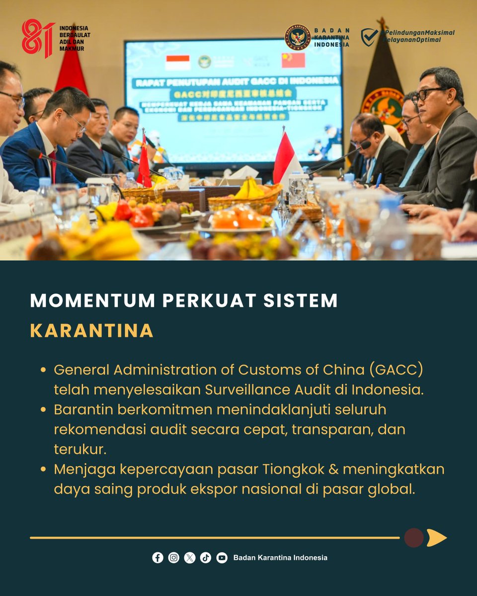 BarantinRI's tweet photo. JAGA KREDIBILITAS &amp; KEPERCAYAAN PASAR TIONGKOK! 🇮🇩🇨🇳

Badan Karantina Indonesia (Barantin) bergerak cepat menindaklanjuti seluruh rekomendasi hasil Surveillance Audit dari General Administration of Customs of the People's Republic of China (GACC)

#Barantin https://t.co/62WU75mY6A