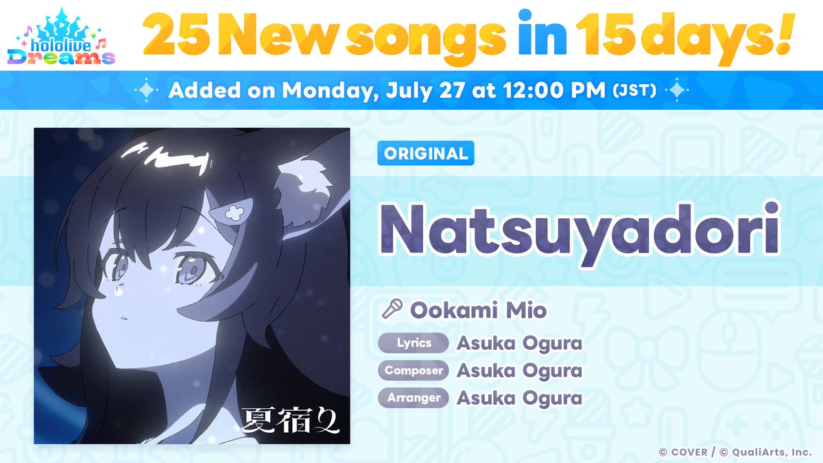 holo_dreams_en's tweet photo. /／
💿 25 New songs in 15 days Campaign
New Song Spotlight!
\＼

"Natsuyadori"

Coming tomorrow, July 27 (Mon) at 12:00 PM (JST)✨

Exchange Music Discs for the newly added song in the Song Shop to play it💿

Stay tuned!

#holodori https://t.co/9wl4JFDMzH