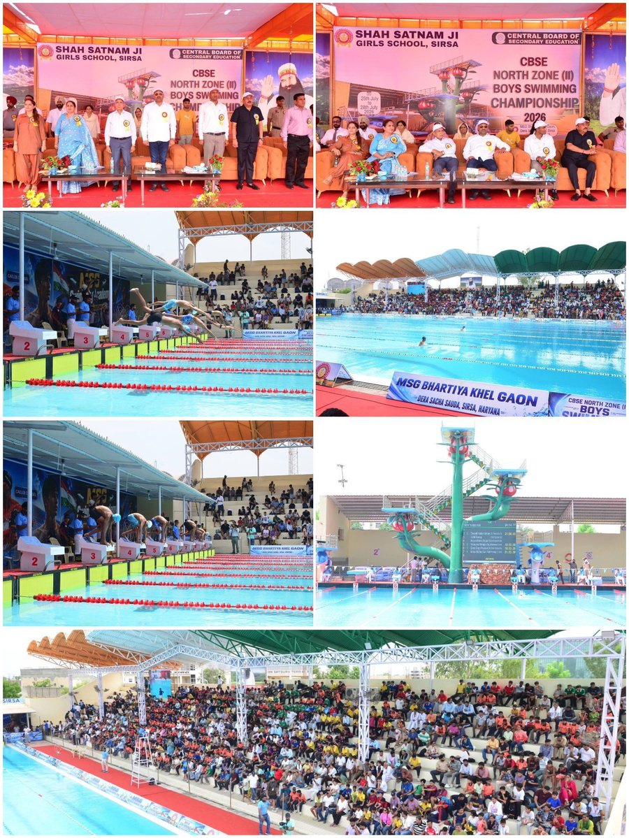 RamBansal16's tweet photo. Extensive swimming facilities have been developed in Sirsa—a magnificent gift for children provided by Saint Gurmeet Ram Rahim Ji through the creation of 'Khel Gaon' (Sports Village). Here are some glimpses of the event held there: #SwimmingChampionship https://t.co/J4jFDKOLAE