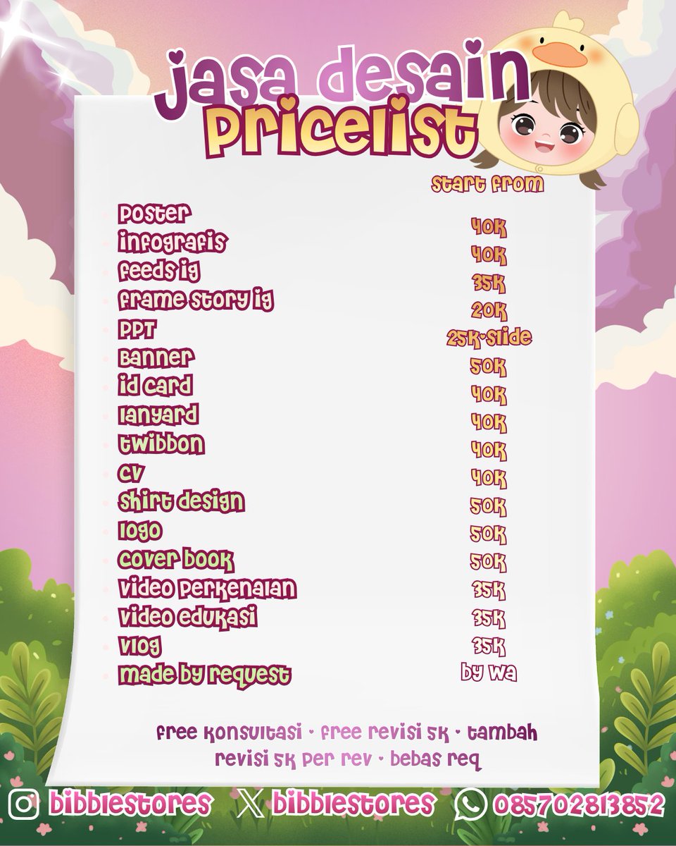 bibblestores's tweet photo. siaangg! aku open yaaww

yang cari app prem, jasa desain, jasa editing, poster, banner, video, netflix, dll bisa ke sinii bb, boleh cek pricelist dan portodolio dibawahh! (๑•‌ᗢ•‌๑)

order
https://t.co/m0QCZlR0QK

https://t.co/BRGLiPHLUV
#zonauang #bealanja https://t.co/nCAxDZpSG1
