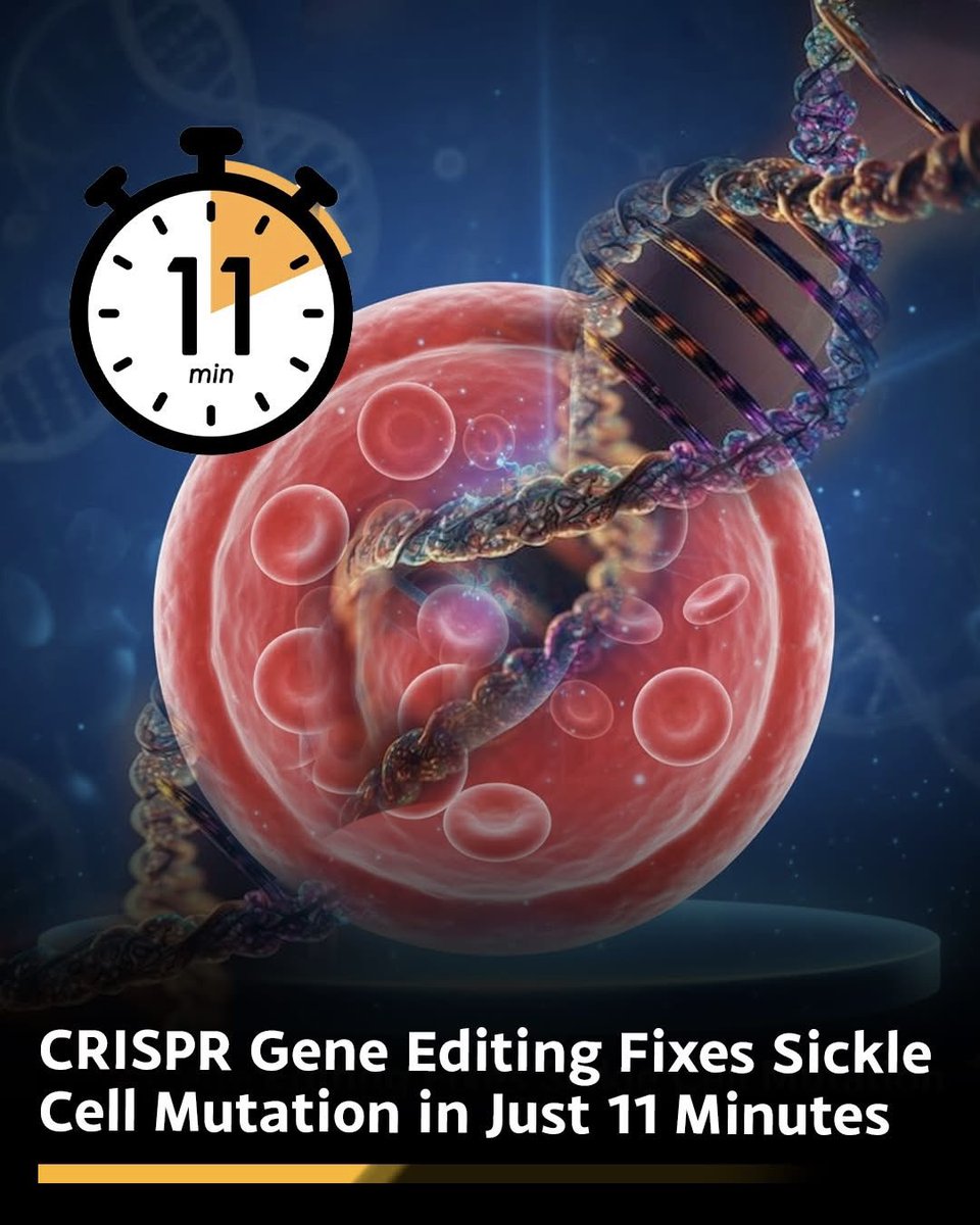 scitechgirl's tweet photo. 🧬 One DNA Edit Could Change Sickle Cell Disease Forever

Scientists are using CRISPR gene editing to fix the genetic mistake behind sickle cell disease—giving patients the chance to produce healthy blood cells. While claims of a cure in 11 minutes are misleading, the breakthrough itself is real and could transform millions of lives. Even more exciting, researchers are working on simple in-body CRISPR treatments for the future.

Source: Frangoul, H., et al. New England Journal of Medicine, 384(3), 252–260.