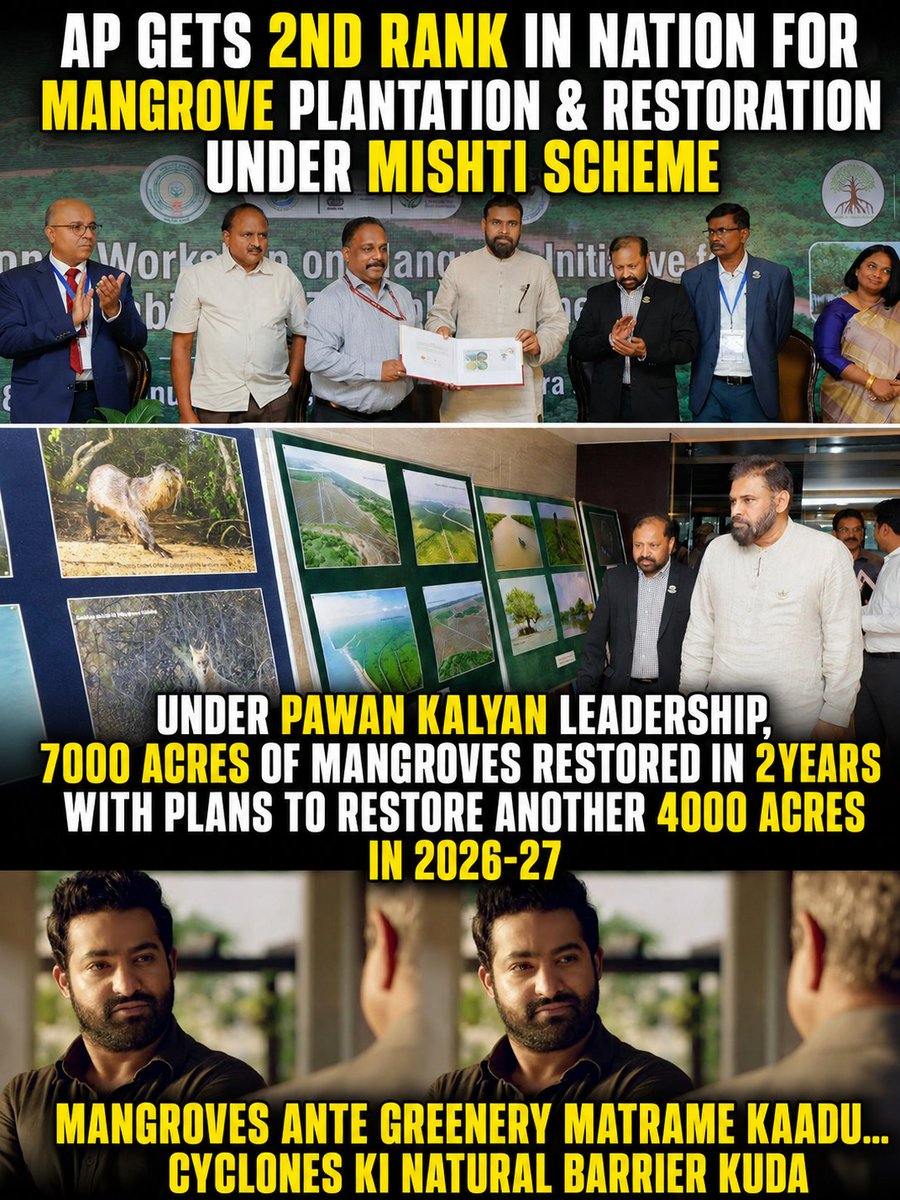 TheBongChh's tweet photo. AP gets 2nd Rank in Mangroves Conservation under MISHTI Scheme 💯👌🙏🏼

Deputy CM &amp; Forest Minister @PawanKalyan on Duty ✅🙏🏼👌💯 https://t.co/ILroWjV1Au