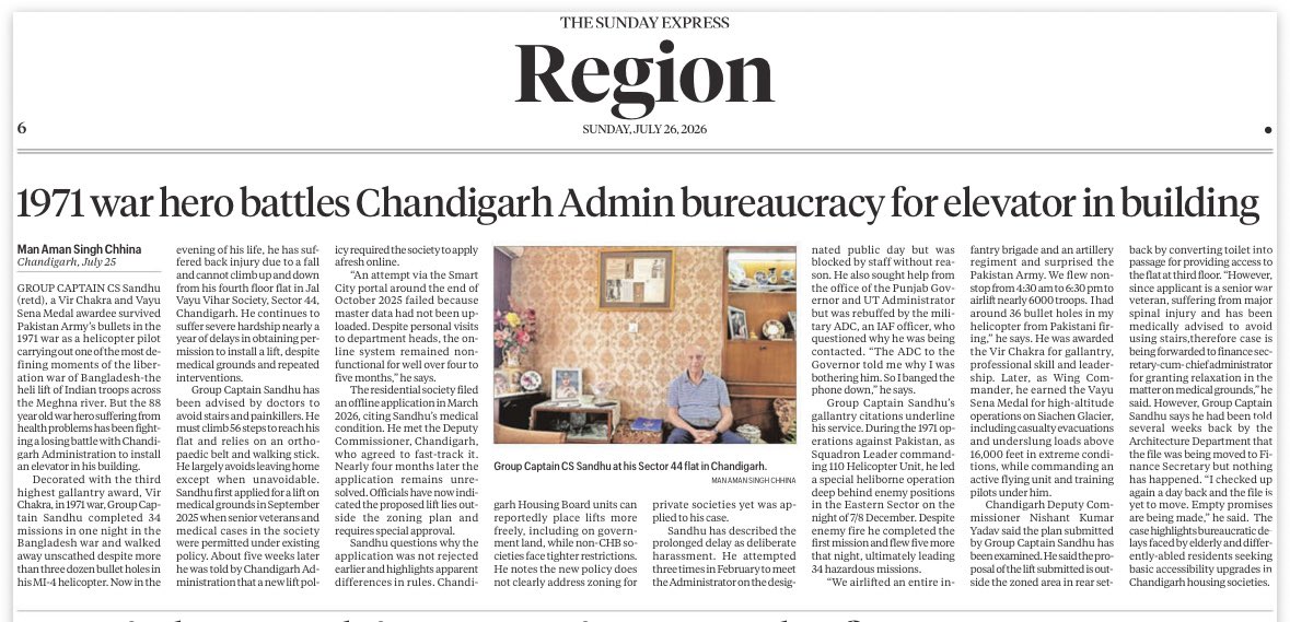 manaman_chhina's tweet photo. This is how a war hero gets treated by bureaucracy of the country.
88 year old Vir Chakra awardee, Group Captain CS Sandhu of Meghna heli-drop fame has been struggling for permission to install a lift in building.
Chandigarh Administration is running circles around him.
What’s more, the IAF ADC to Punjab Governor Gulab Chand Kataria rebuffed him instead of helping out a veteran.
Army, Navy and IAF must sensitise ADCs on their behaviour with veterans.
@IAF_MCC @adgpi @indiannavy