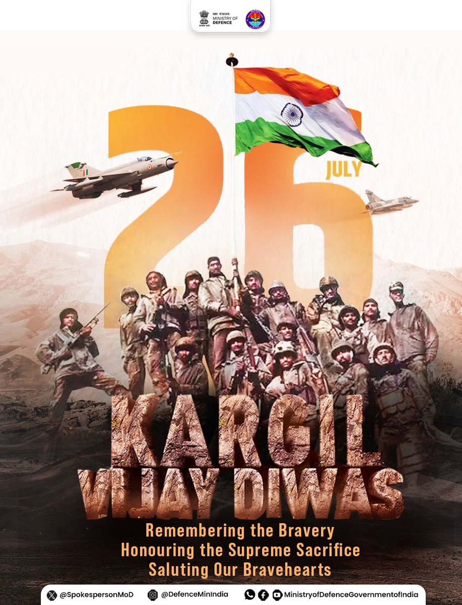PIB_India's tweet photo. As the nation commemorates #KargilVijayDiwas, we remember the Kargil War and honour the valour and supreme sacrifice of India's brave soldiers, whose service continues to inspire generations with the enduring values of courage, resilience and unwavering resolve  🇮🇳

#KargilWar #KargilHeroes  #OperationVijay #OperationTalwar #OperationSafedSagar
