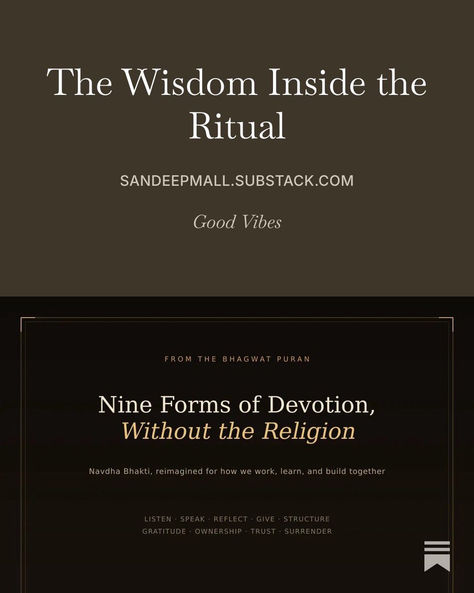 SandeepMall's tweet photo. Ancient wisdom rarely becomes outdated. We just stop looking beneath the surface and just keep the religious part of it. 
Prahlad’s nine forms are more than acts of devotion. They are a practical framework for how we learn, connect, contribute, and build communities.

That’s the latest issue of Good Vibes. https://t.co/jeXj6ftNN5