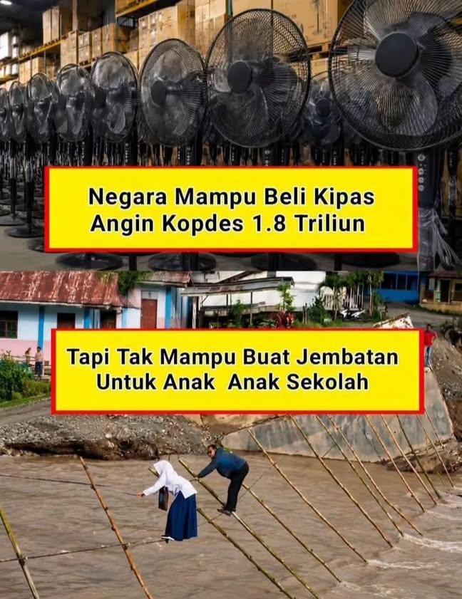 urflowerz's tweet photo. Negara kita memang agak lain.

Bangun koperasi desa merah putih 83.000 toko dengan dana 3 Milyar per toko cepat sekali. Walau itu harus dibangun di gunung dan jurang. 

Bangun puluhan ribu dapur SPPG juga cepat sekali dengan dana ratusan triliun per tahun Walau banyak kebuang dan jadi lahan korupsi. 

Tapi kenapa untuk bangun jembatan sederhana saja untuk anak-anak sekolah gak bisa?

.