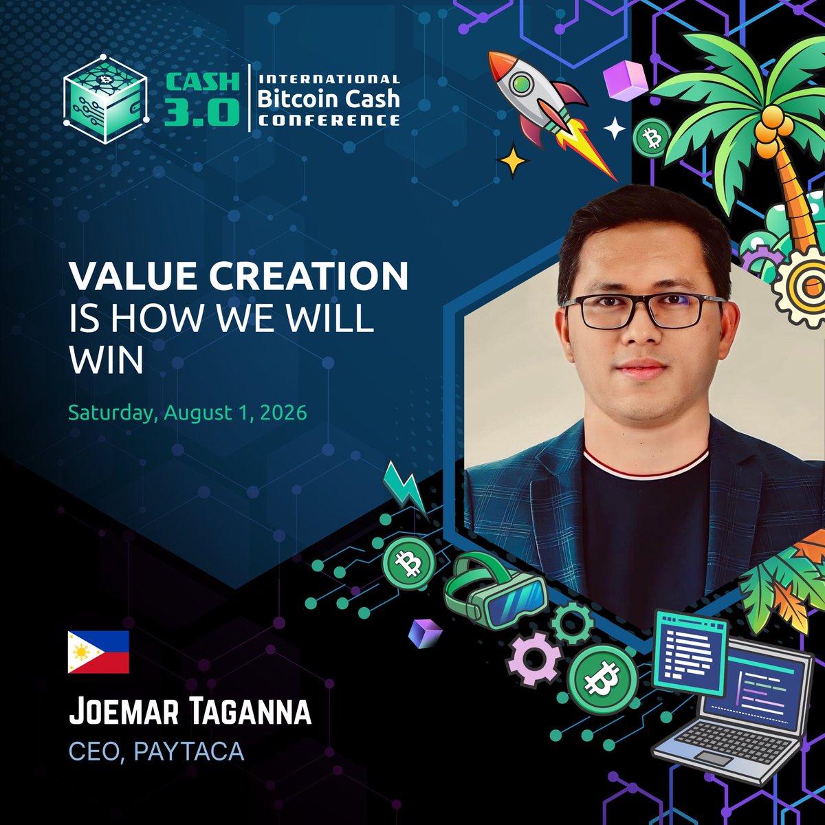 _paytaca_'s tweet photo. 🎤 Speaker Highlight: Joemar Taganna

As the founder and CEO of Paytaca, Joemar Taganna has spent the past several years building a comprehensive ecosystem for peer-to-peer money and commerce on Bitcoin Cash.

His work spans multiple layers of the ecosystem—from wallets and merchant solutions to programmable digital cash, tokenized assets, self-custodial payment cards, AI micropayments, developer tools, and real-world adoption initiatives. Rather than focusing on a single product, his goal has always been to build the foundations of an open, permissionless economy.

Joemar believes that the future of Bitcoin Cash will not be decided by narratives alone, but by the value we create for users, merchants, developers, entrepreneurs, and communities. That philosophy has guided Paytaca’s mission from the very beginning and continues to shape the technologies being built today.

We’re excited to have Joemar share his perspective at the Cash 3.0 Conference.

📅 August 1–2, 2026
📍 Cebu City, Philippines

See you at the Cash 3.0 Conference.

🌐 https://t.co/XAIVhpu6Q2