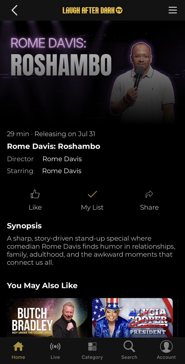 comedianrome's tweet photo. It’s official.

Rome Davis: Roshambo premieres July 31 on Laugh After Dark TV.

This special started as an idea and became an independently produced project through Rome Davis Media, LLC. Thank you to everyone who’s supported this journey.

Mark your calendars https://t.co/ghqrAwtN2O