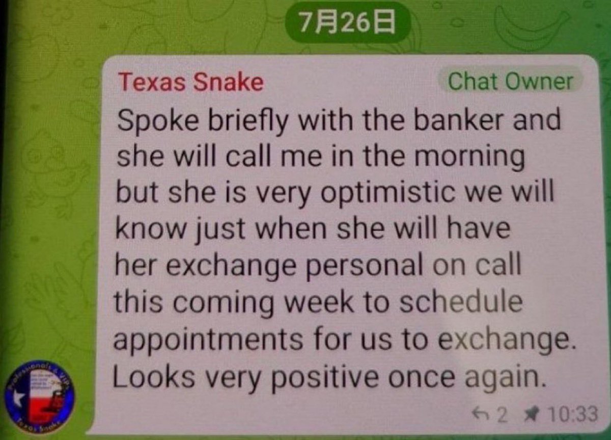 TexasSnakeIntel's tweet photo. 🔴7/26, Texas Snake

I chatted a bit with the banker, and she said she'll call me tomorrow morning, but she's very positive, saying that I'll be able to book an exchange appointment sometime next week (the week of the 27th).
The very good signs continue.
https://t.co/7KUW6f56fc… https://t.co/0WScvMEzIo