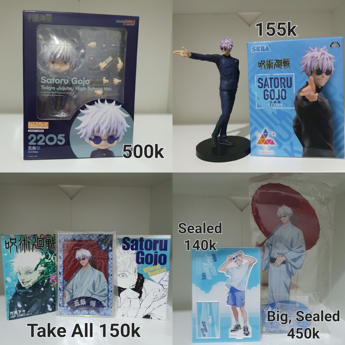 namjuwon18's tweet photo. WTS GOJO SATORU

- NENDORORID 500K
- FIGURE KUJI 155K
- comic, shikishi, bonus magazine take all 150k
- Acrylic Stand JJk Cafe 2024, sealed 140k
- Big acrylic Juju Tanbo 450k https://t.co/IS1d48PboB