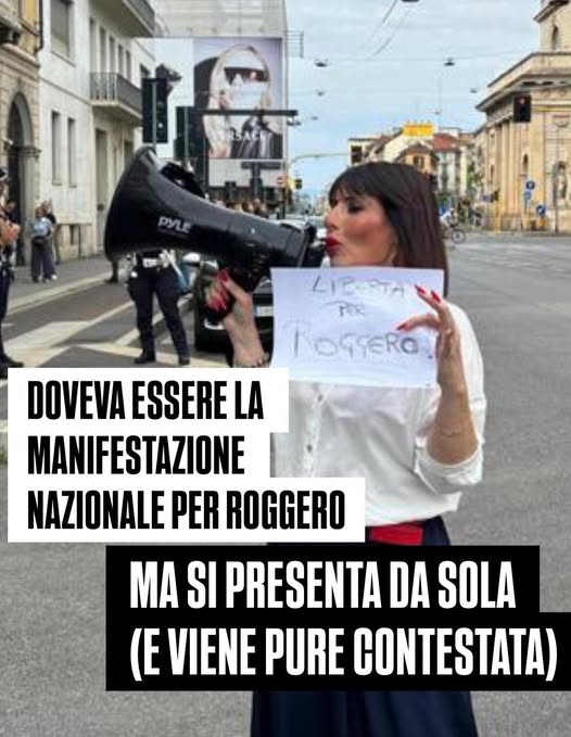 pierpi13's tweet photo. Si è presentata da sola, l’organizzatrice, Stefania Caiafa, con un megafono in una mano e nell’altra un cartello raffazzonato con su scritto a penna: “Libertà per Mario Roggero”, scagliandosi contro i giudici e chiunque non abbia difeso il gioielliere.
Anzi, in realtà, un’altra persona alla fine si è avvicinata pure, ma non era una sostenitrice bensì una passante, che le si è rivolta con queste parole:
“Ma non ti vergogni? Guarda quanto costi allo Stato”.