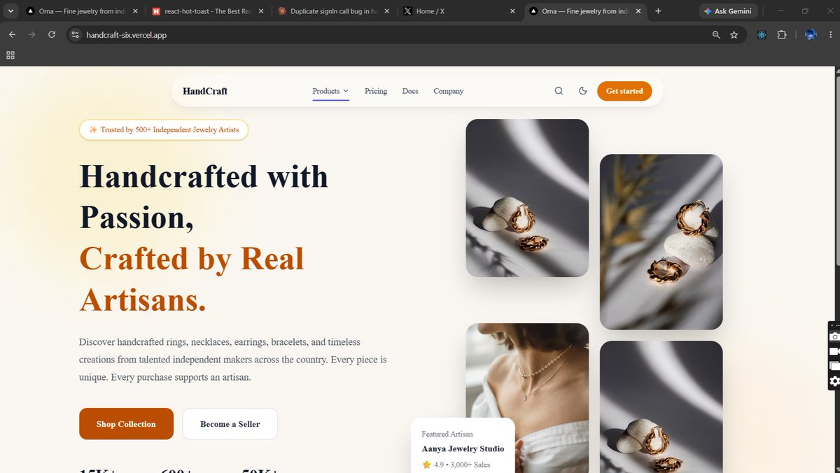 Sahnawaz_7's tweet photo. Day 26/100  #100DaysOfPlacement 
https://t.co/YJS0LXQioD
Building HandCraft, a production-level 
multi-vendor jewelry freelance project

What's done
✅ Product listing page
✅ Cart flow
✅ Vendor dashboard
🔄 Integrating Backend

Next.js, Node.js 
#buildinpublic #MERN #webdev https://t.co/o3angd1DIL