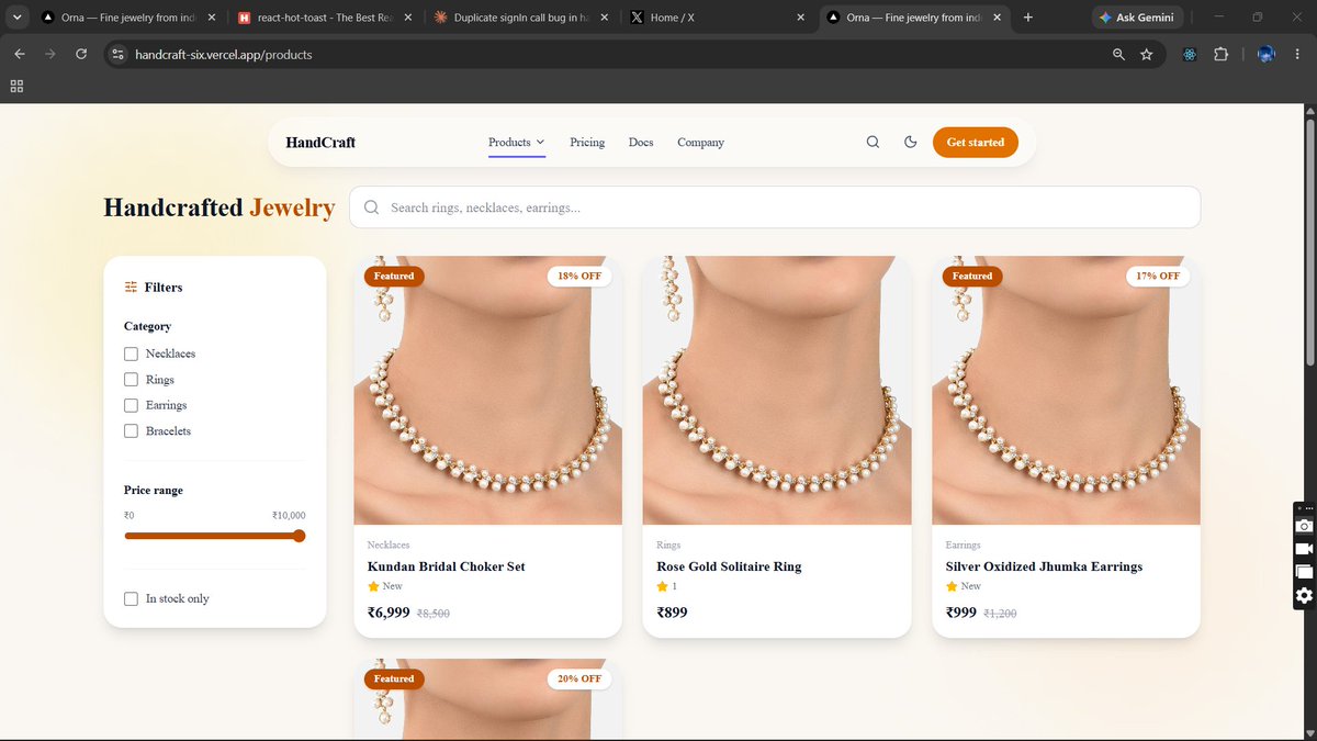 Sahnawaz_7's tweet photo. Day 26/100  #100DaysOfPlacement 
https://t.co/YJS0LXQioD
Building HandCraft, a production-level 
multi-vendor jewelry freelance project

What's done
✅ Product listing page
✅ Cart flow
✅ Vendor dashboard
🔄 Integrating Backend

Next.js, Node.js 
#buildinpublic #MERN #webdev https://t.co/o3angd1DIL
