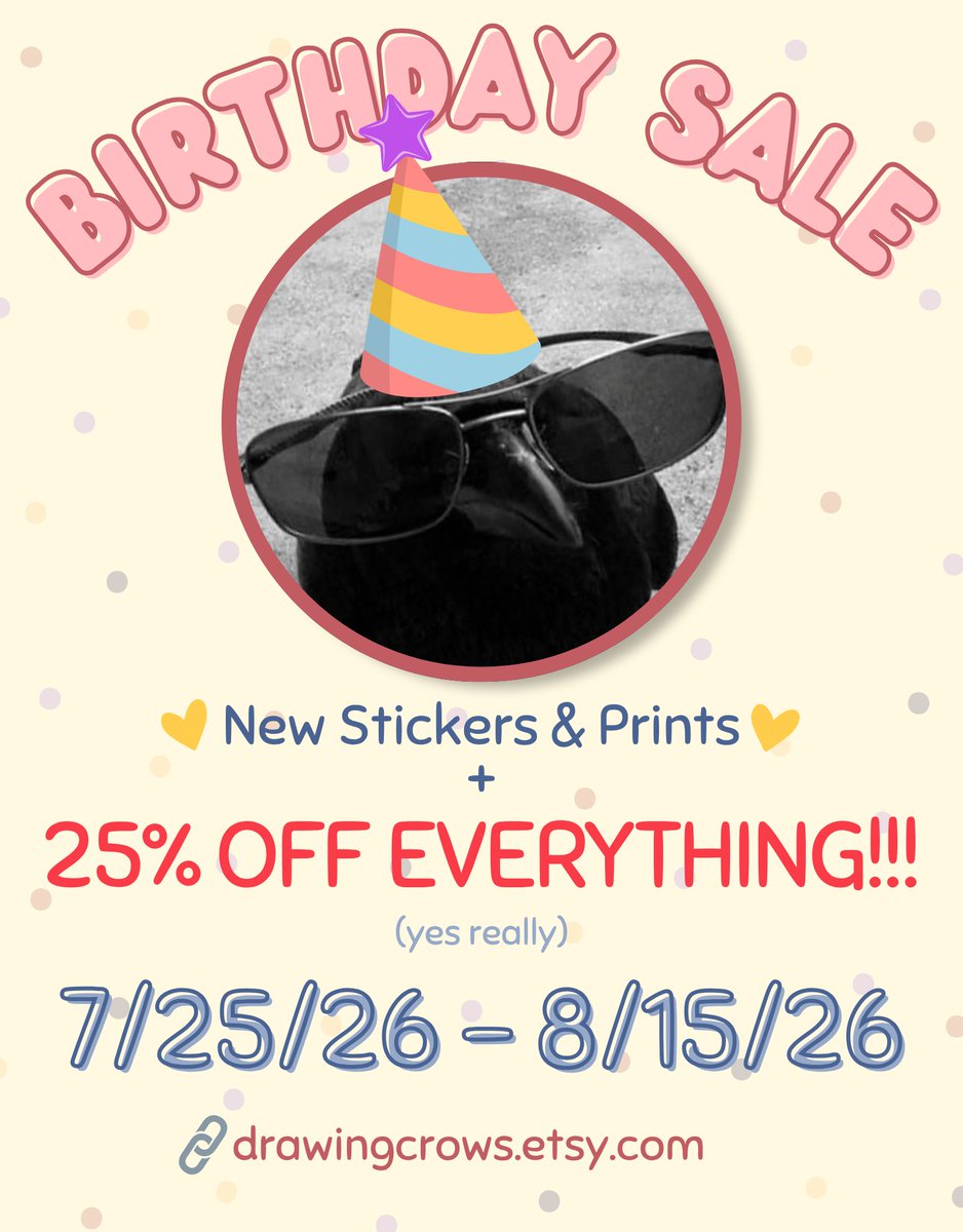 drawingcrows's tweet photo. It's my birthday!! 🎉🥳

I've finally updated my shop again w/ some new items, and... 25% OFF EVERYTHING IN THE STORE (holy moly!)

Discount is automatically applied at checkout, and will be going thru 8/15/26 ❤️

🔗👇 https://t.co/i0226E9SRo