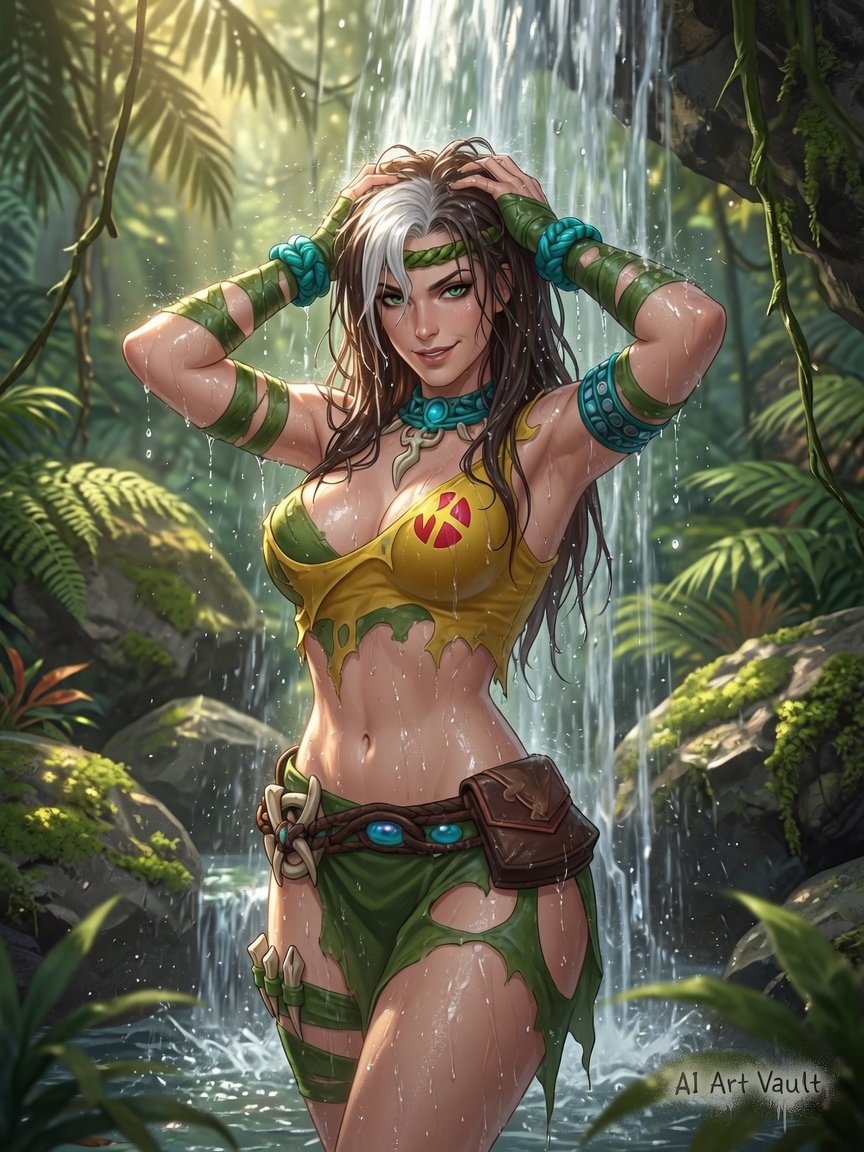 AIArtVault's tweet photo. Rogue cooling off in her Savage South skin 💦🍃

Even the Southern belle needs a waterfall break.

#Rogue #MarvelRivals #AIArtVault https://t.co/q9cEuNQG7R