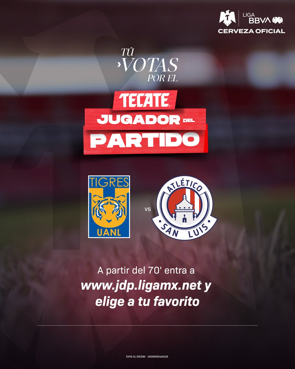 LigaBBVAMX's tweet photo. ¡Es tu momento! 🗳️🫵
Vota por el #TecateJugadorDelPartido aquí: https://t.co/tzQtydD7oI
Tienes hasta el 90' para participar.
#TecatePorTi | #SANATS | #TIGADSL | #J2 | #AP26 | @CervezaTecate https://t.co/bgzopiwZ5N