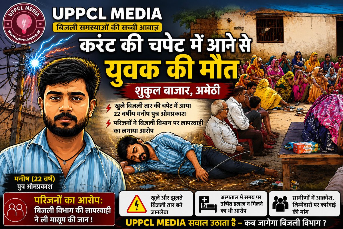 UppclMedia's tweet photo. ⚡अमेठी: खुले बिजली तार की चपेट में आने से 22 वर्षीय युवक की मौत, परिजनों ने बिजली विभाग पर लापरवाही का लगाया आरोप

परिजनों के अनुसार, मनीष खुले पड़े बिजली के तार की चपेट में आ गया, जिससे वह गंभीर रूप से झुलस गया। परिजन तत्काल उसे सामुदायिक स्वास्थ्य केंद्र (सीएचसी) बाजार शुकुल लेकर पहुंचे, जहां प्राथमिक उपचार के बाद चिकित्सकों ने उसकी गंभीर स्थिति को देखते हुए रेफर कर दिया। लेकिन अस्पताल से ले जाते समय रास्ते में ही उसकी मौत हो गई।

📍 पूरा मामला पढ़ें👇
👉 https://t.co/qI0pWUCGwk

🔔 बिजली से जुड़ी हर बड़ी खबर सबसे पहले पाने के लिए हमें फॉलो करें:

# WhatsApp Channel
https://t.co/noIA2ZKRmL
# Facebook Page
https://t.co/kaNXEe2Nwb
X (Twitter)
# https://t.co/Gm7Zty58hK
YouTube Channel
# https://t.co/qZkE7femCO

📢 आवाज़ उठाइए… सच दिखाइए… UPPCL MEDIA आपके साथ है।

#UPPCLMedia #PowerScam #TransformerSyndicate #ChiefEngineer #FakeReport #ElectricityDepartment #UPPCL #Vigilance #PowerCorruption #UPNews #UPPCLMEDIA #BreakingNews #UPPCL #UPPCLLKO #Amethi #ShukulBazar #ElectricShock #ElectricityDepartment #Negligence #UPNews #PowerSafety #ElectricalAccident #Manish #BreakingNews #AwazPlus #HindiNews #UttarPradesh #PublicSafety #ElectricityNews