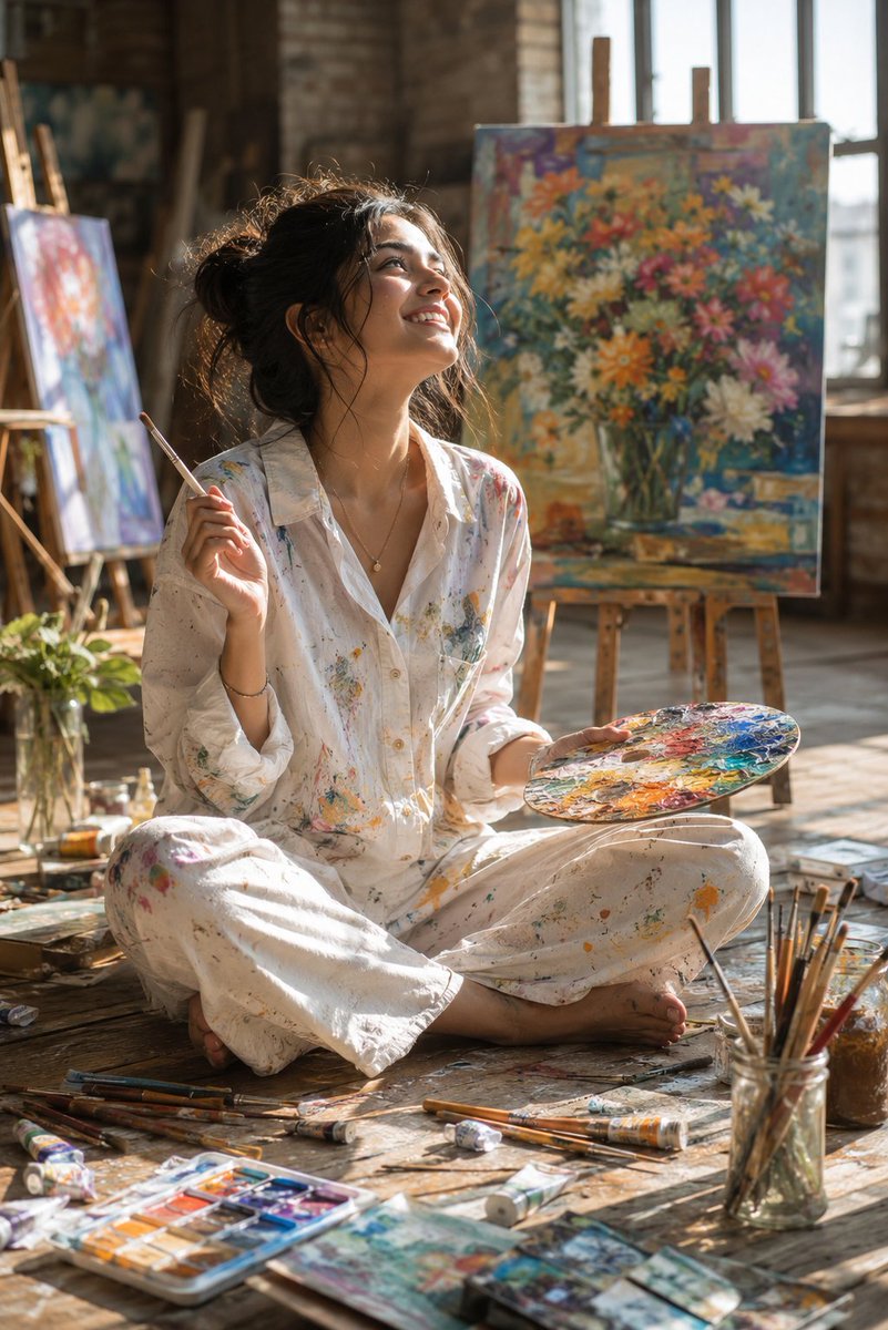 Noahsw695's tweet photo. Some masterpieces aren't meant to be explained only felt 🎨

Prompt:
A cinematic, photorealistic portrait of a young South Asian woman sitting cross-legged on the wooden floor of a brightly lit artist studio. She is smiling happily while looking up towards the sunlight. She is wearing a white loose linen shirt and matching relaxed pants, both heavily splattered with colorful art paint. In one hand, she holds a thin paintbrush up, and in the other, she holds a traditional oval wooden palette covered in colorful oil paints. Surrounding her on the floor are scattered paintbrushes, tubes of paint, and watercolor sets. In the background are wooden easels holding canvas paintings, including a vivid impressionist floral painting, with soft sunbeams streaming through large factory windows in a rustic, airy studio loft. Ultra-detailed, 8k resolution, soft natural lighting, depth of field.
