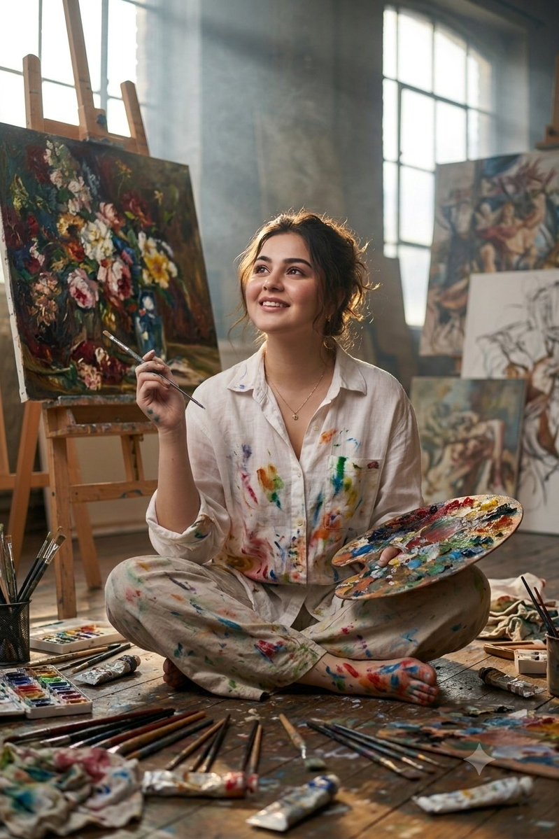 Noahsw695's tweet photo. Some masterpieces aren't meant to be explained only felt 🎨

Prompt:
A cinematic, photorealistic portrait of a young South Asian woman sitting cross-legged on the wooden floor of a brightly lit artist studio. She is smiling happily while looking up towards the sunlight. She is wearing a white loose linen shirt and matching relaxed pants, both heavily splattered with colorful art paint. In one hand, she holds a thin paintbrush up, and in the other, she holds a traditional oval wooden palette covered in colorful oil paints. Surrounding her on the floor are scattered paintbrushes, tubes of paint, and watercolor sets. In the background are wooden easels holding canvas paintings, including a vivid impressionist floral painting, with soft sunbeams streaming through large factory windows in a rustic, airy studio loft. Ultra-detailed, 8k resolution, soft natural lighting, depth of field.