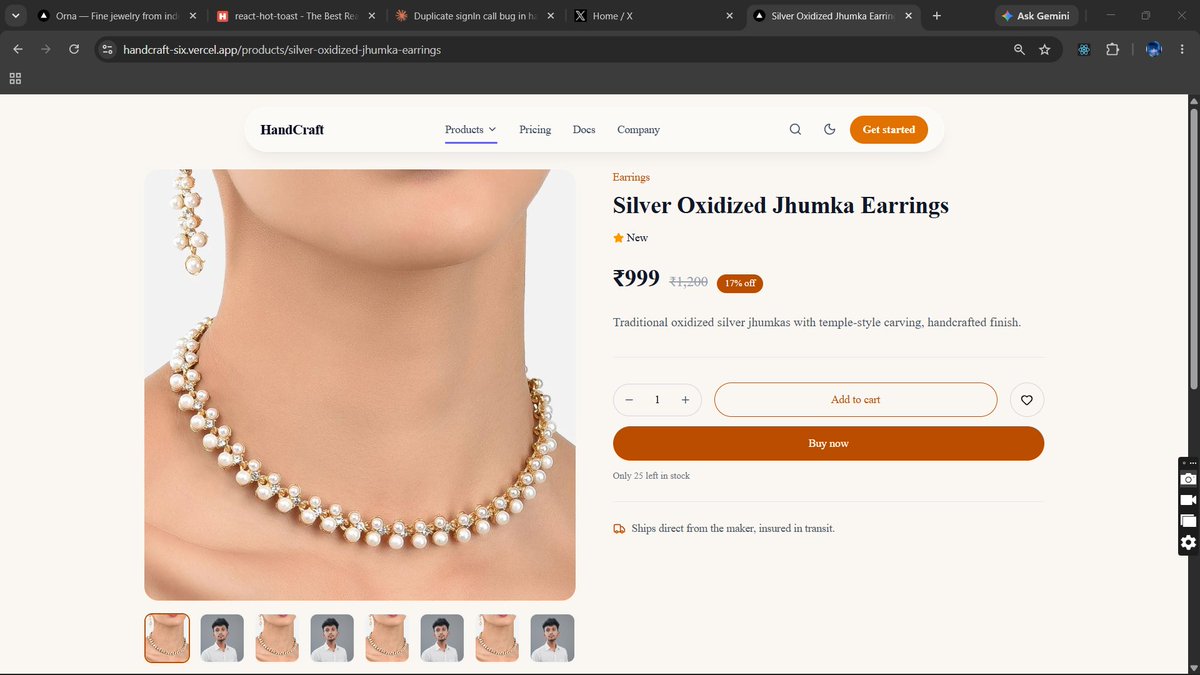 Sahnawaz_7's tweet photo. Day 26/100  #100DaysOfPlacement 
https://t.co/YJS0LXQioD
Building HandCraft, a production-level 
multi-vendor jewelry freelance project

What's done
✅ Product listing page
✅ Cart flow
✅ Vendor dashboard
🔄 Integrating Backend

Next.js, Node.js 
#buildinpublic #MERN #webdev https://t.co/o3angd1DIL