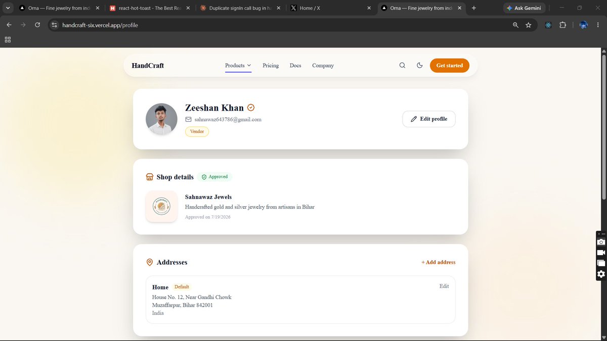 Sahnawaz_7's tweet photo. Day 26/100  #100DaysOfPlacement 
https://t.co/YJS0LXQioD
Building HandCraft, a production-level 
multi-vendor jewelry freelance project

What's done
✅ Product listing page
✅ Cart flow
✅ Vendor dashboard
🔄 Integrating Backend

Next.js, Node.js 
#buildinpublic #MERN #webdev https://t.co/o3angd1DIL