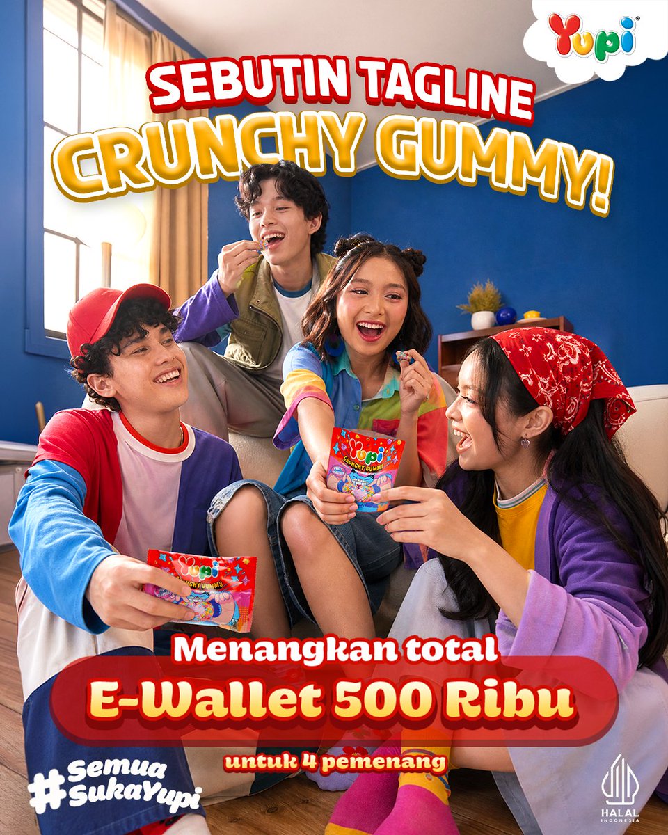 Yupiers's tweet photo. Clue-nya bisa scroll feed Crunchy Gummy ya! Jawab secepat dan sebanyak-banyaknya! 

Syarat & Ketentuan :
1. Follow X Yupi @Yupiers 
2. Like dan jawab di kolom komentar.
3. Yupiers boleh ikutan & jawab berkali-kali.
4. Pastiin like dan komen di konten Yupi lainnya ya!
5. Giveaway berlangsung sampai 1 Agustus 2026

Pemenang akan dipilih oleh juri dari Yupi Gummy Candies & tidak bisa diganggu gugat.

Like dan share kalau Yupiers suka postingan ini!

#SemuaSukaYupi
#KenyalnyaBikinHepi
#GummyMerekYupi