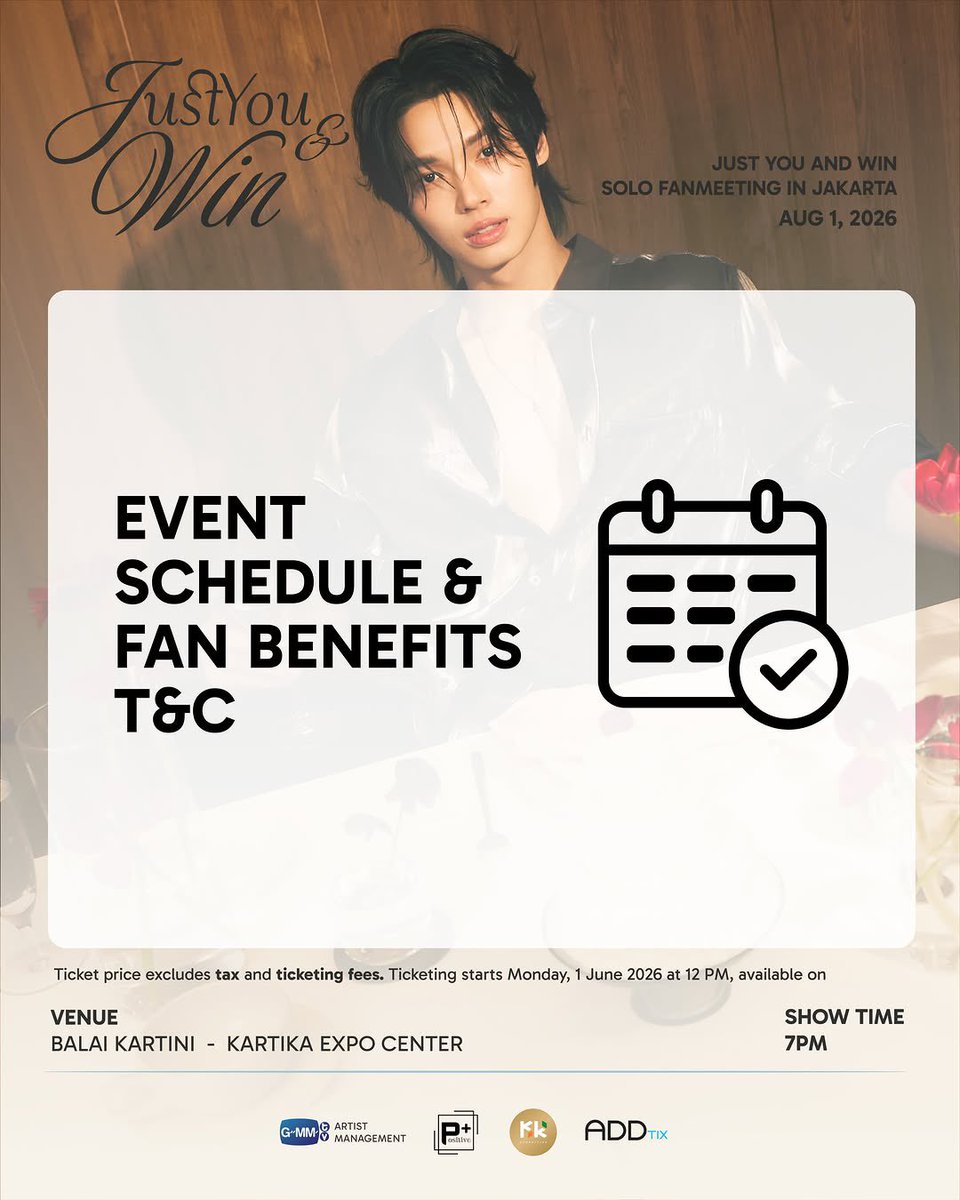 WinmetawinO's tweet photo. ⏰ Count every beat, don't miss a moment! The official Event Guide is here! Jakarta, are you ready to meet Win Metawin? 💫

The stage is set! Get ready to experience every unforgettable moment with Win Metawin. Before the event, please take a moment to review the Event schedule and Fan Benefits to help you prepare for an enjoyable experience.

📩 All e-tickets have also been sent to the email address used during your ticket purchase. Please check your Email.

If you have not received your e-ticket, please contact @addtix for assistance.

NOTE
📌 The schedule is subject to change without prior notice. Please stay tuned to our official social media for the latest updates.

📍 Balai Kartini - Kartika Expo Center, Jakarta
📅 1 August 2026
🎟️ Ticket Support: @addtix or https://t.co/EFkoftgD1g

See you soon! 💙✨

#YOUANDWINinJKT
#WinMetawin