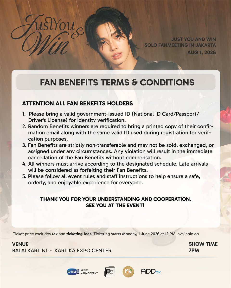 WinmetawinO's tweet photo. ⏰ Count every beat, don't miss a moment! The official Event Guide is here! Jakarta, are you ready to meet Win Metawin? 💫

The stage is set! Get ready to experience every unforgettable moment with Win Metawin. Before the event, please take a moment to review the Event schedule and Fan Benefits to help you prepare for an enjoyable experience.

📩 All e-tickets have also been sent to the email address used during your ticket purchase. Please check your Email.

If you have not received your e-ticket, please contact @addtix for assistance.

NOTE
📌 The schedule is subject to change without prior notice. Please stay tuned to our official social media for the latest updates.

📍 Balai Kartini - Kartika Expo Center, Jakarta
📅 1 August 2026
🎟️ Ticket Support: @addtix or https://t.co/EFkoftgD1g

See you soon! 💙✨

#YOUANDWINinJKT
#WinMetawin