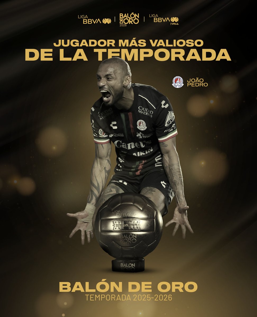 LigaBBVAMX's tweet photo. Olfato goleador, líder y un referente de su equipo 👏

¡Con 26 anotaciones (12+14), Joao Pedro se consolida como el mejor jugador de la Liga BBVA MX! 🥳  

#BalónDeOro Temporada 2025-2026 #LaLigaDeLaAfición ✨ https://t.co/RVC0QxHmiL