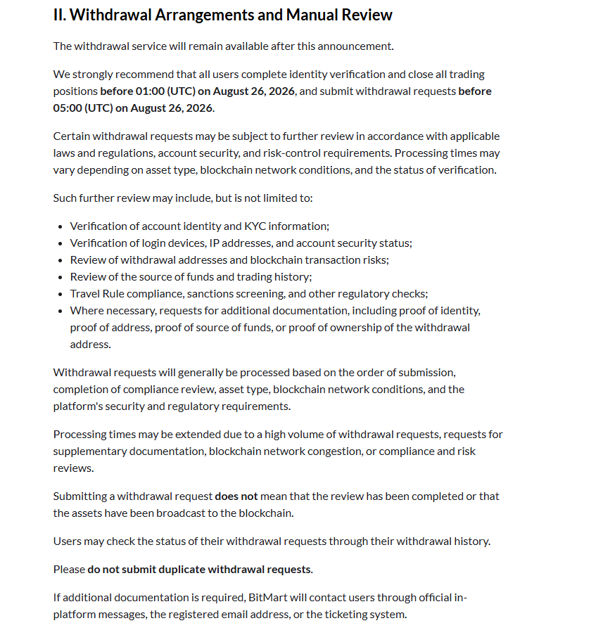 bakii0094's tweet photo. BITMART Crypto Exchange going for the Biggest Scam to recover their stolen funds from Retailers by blocking their withdrawals under the excuse of “security reasons.”
In their shutdown operation announcement, they banned auto-withdrawal operations and switched to manual withdrawal operations.
This means u guys need to submit for: 😆
• Verification of account identity and KYC information;
• Verification of login devices, IP addresses, and account security status;
• Review of withdrawal addresses and blockchain transaction risks;
• Review of the source of funds and trading history;
• Travel Rule compliance, sanctions screening, and other regulatory checks;
• Where necessary, additional documentation, including proof of identity, proof of address, proof of source of funds, or proof of ownership of the withdrawal address.
This one gonna ban tons of people from withdrawing, and BITMART gonna steal this money from traders.
Another Chinese Crypto Exchange Scam.
🌟I hope BitMart don't do this with traders' money.
But 99% chances they gonna do this shit the same way.
🪤 If u start seeing users' tweets about people having their withdrawals halted, it's a clear sign u got fyked by BitMart.
💰If u guys have a P2P option on BitMart, just go for it and withdraw it to your bank.
Better than waiting for a month, only for your withdrawal to get rejected and then starting to cry on X that BITMART did this to you.
I am giving u a clear sign here.
Remember, this one is not decentralized.
The whole crypto market is centralized and run by a few large groups, exchanges, and some big money players.
Never think that crypto is decentralized.
#BITMART Good luck All my C.T fellow.
⚠️ Disclaimer:
Everything mentioned above is only my personal opinion and suggestion based on the information available.
This account does not promote or support any illegal websites, illegal activities, scams, or any paid promotions.
Do your own research before taking any action. I am not responsible for any losses or decisions made based on this post.
Thanks.
