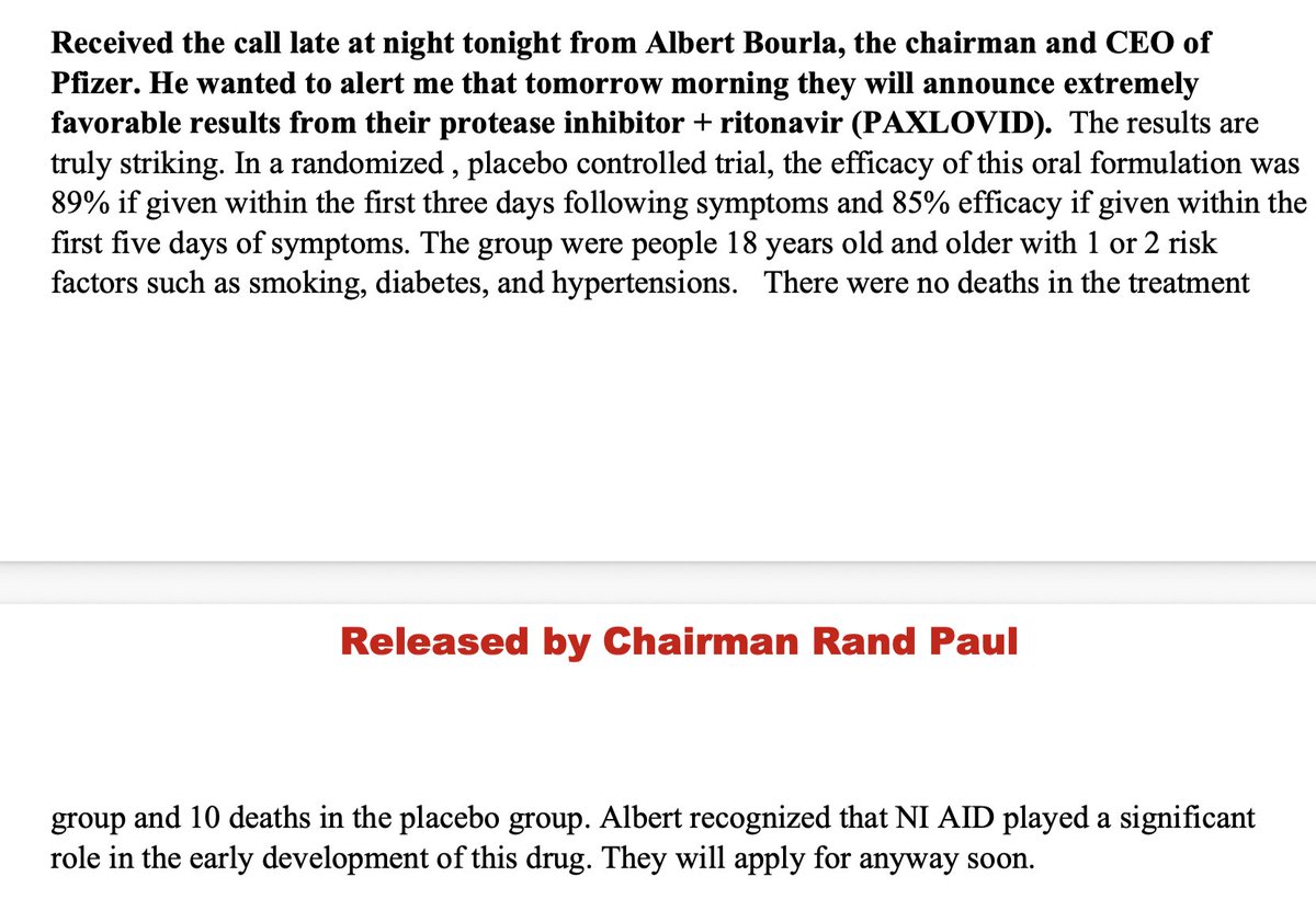 MaryBowdenMD's tweet photo. Fauci's Diary, Nov 4, 2021
Fauci states NIAID played a role in developing Paxlovid.
Paxlovid has over 100 major drug interactions, 20%+ incidence of rebound infection (which Fauci will experience in 2022), contains an HIV medications with a black-box warning, is toxic to the liver and kidneys, and costs $1200+.