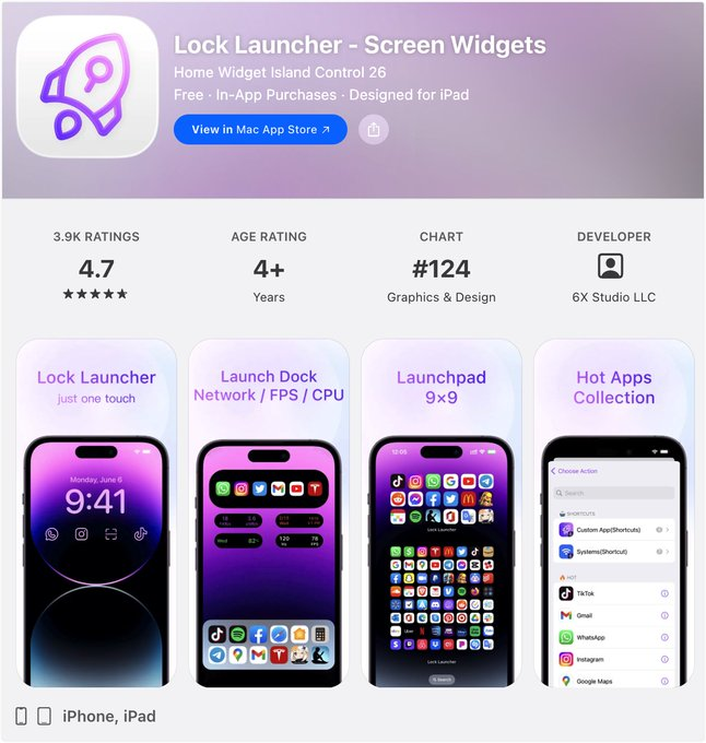 LockLauncherApp's tweet photo. 🚀 [BIG UPDATE] Lock Launcher v2.0.9 is here!
⏬ https://t.co/z9fLGTmsSz
🎉 iOS 27 Extra Large Widget &amp; Launch apps directly—no extra redirects
・4 new features
・3 improvements
・7 fixes https://t.co/4KrvUINPSP