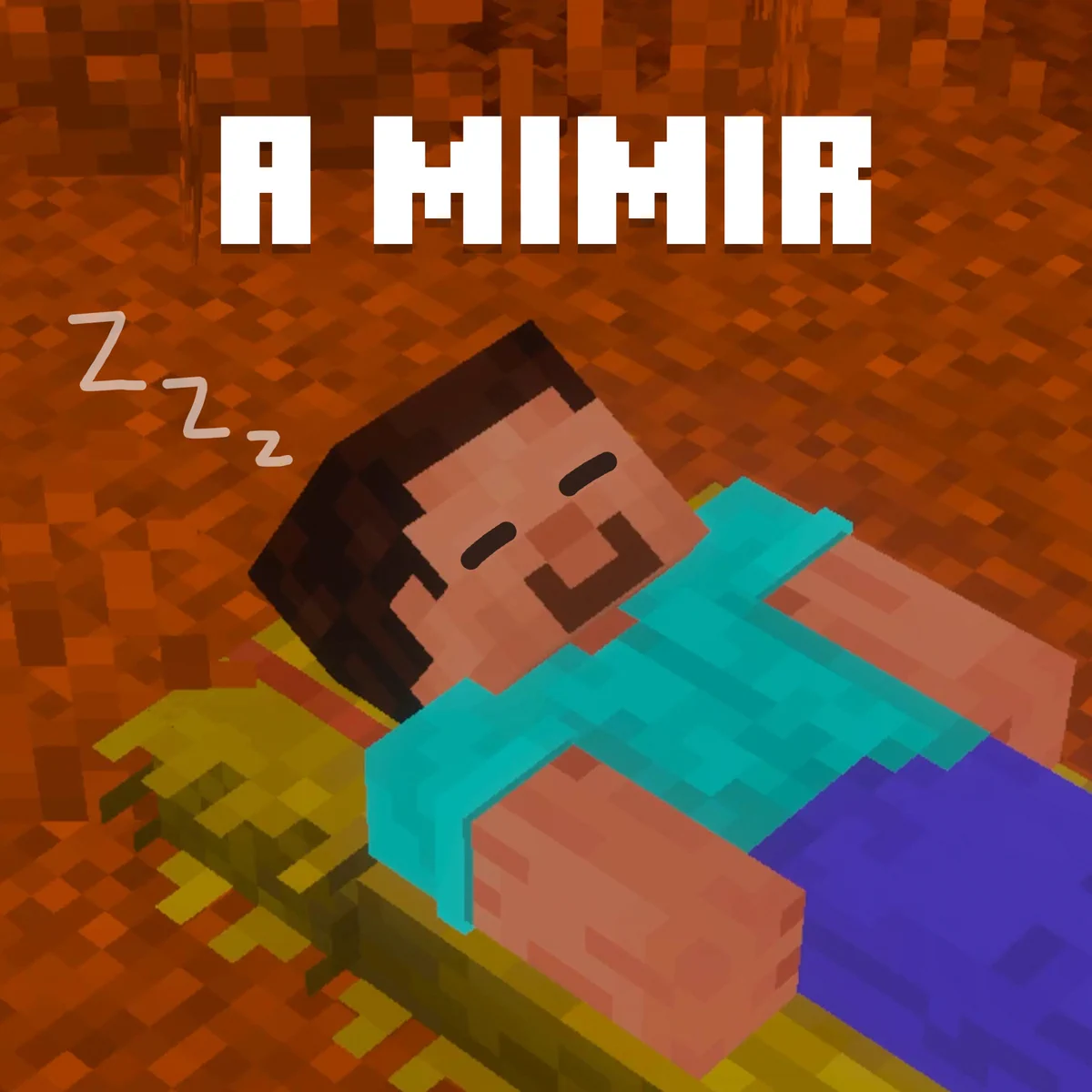 image of Steve sleeping on a straw bed. A "Zzz" is visible over his head, and copy on top of the image says "A Mimir"