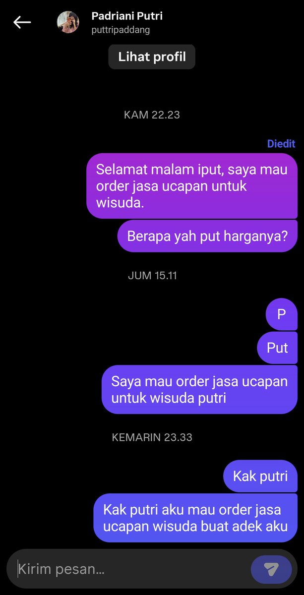 rewon189394's tweet photo. Jujur nih put awalnya aku ngedukung kamu soalnya walaupun di bully kamu tetap semangat. tapi akhirnya setelah tahu tarif jasa ucapan yang kamu jual.

 Aku jadi lost respect soalnya itu kemahalan dan kamu juga ngucapkan sambil baca bukan menghapal..

Buat kalian semua jangan sia siain uang kalian buat order ke putri padang.

lebih baik uang nya di sedekahkan ke anak yatim atau ke kotak amal.

Dia juga jual roti sweety nya overprice padahal itu cuma roti tawar yang di kasih perasa tapi satu tusuk di harga 20K.

Mending beli nasi uduk, bakso, mie ayam atau yang lain bisa bikin kenyang.

Iput ini lebih menjajah warga di banding jepang dan belanda.