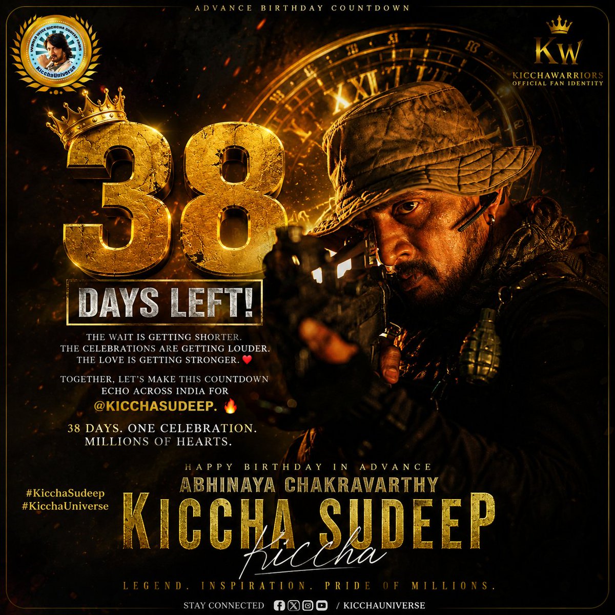 KicchaUniverse's tweet photo. 👑 38 DAYS TO GO! ❤️🔥
Every legend creates history.
Every journey inspires millions.
Every heartbeat grows louder as we count down to celebrating our Abhinaya Chakravarthy.
38 Days. One Icon. One Celebration. Millions of Hearts. 🤍
#38DaysToGo #KicchaSudeep #KicchaUniverse https://t.co/ow0Jk2eczg