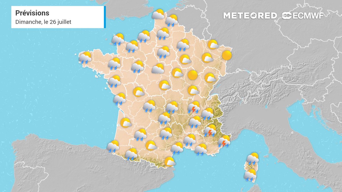 MeteoredFR's tweet photo. Quelle #meteo en #France pour ce dimanche 26 juillet 2026 ?

Encore un peu d'instabilité parfois orageuse mais toujours de la chaleur surtout au sud. 🌦️ Air plus respirable sur un bon quart nord-ouest. 🌤️
 
Retrouvez toutes nos #previsions ici ⤵️
https://t.co/Qd9Pz7yBBv https://t.co/zLsMa2J2Sm