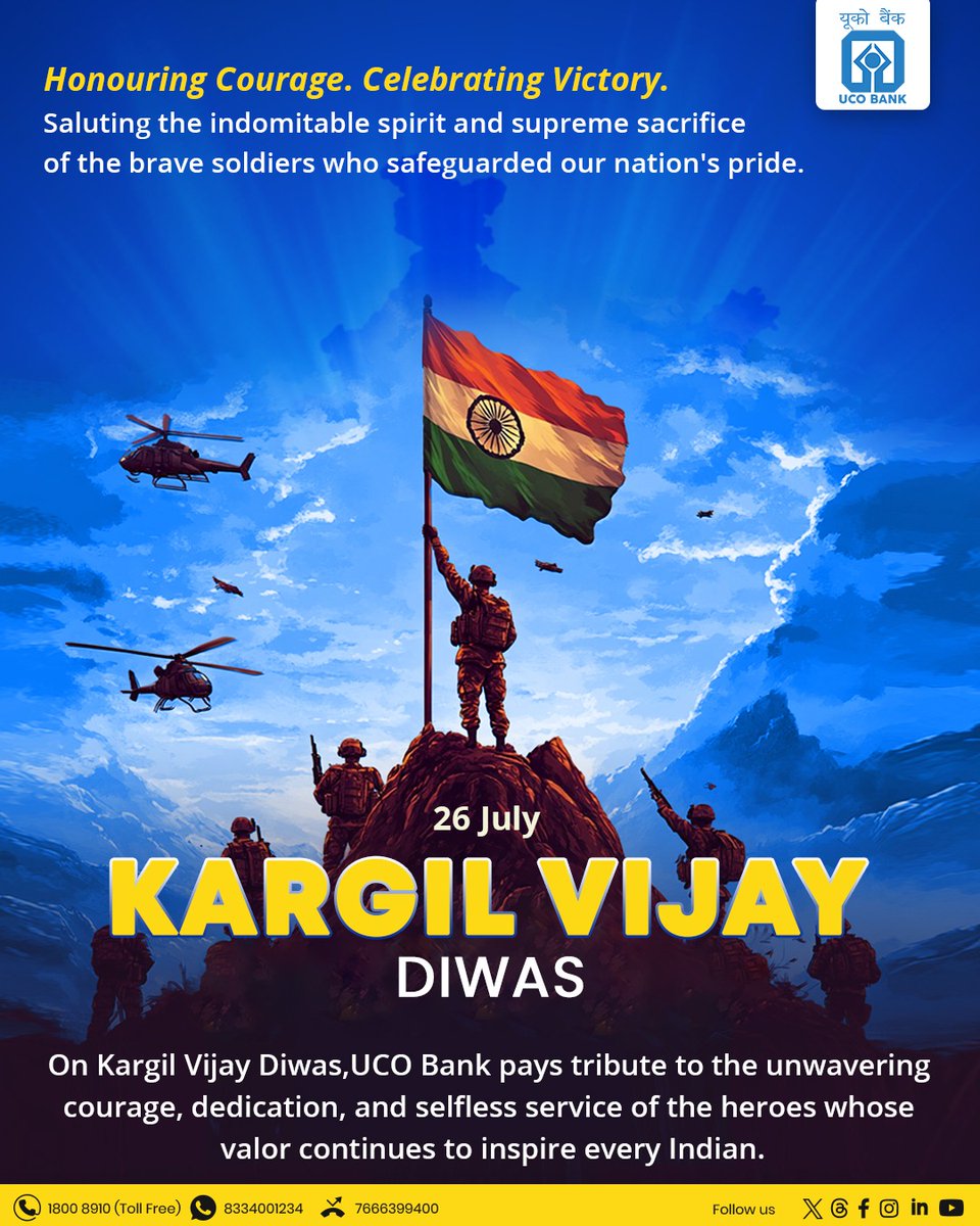 UCOBankOfficial's tweet photo. Honouring the heroes who defended our nation with unmatched courage and unwavering resolve.

On Kargil Vijay Diwas, UCO Bank pays heartfelt tribute to the brave soldiers whose sacrifice, valour, and dedication continue to inspire generations. Their legacy reminds us that the spirit of patriotism lives on through every act of courage.

#UCOBank #UCOGoesDigital #KargilVijayDiwas #JaiHind