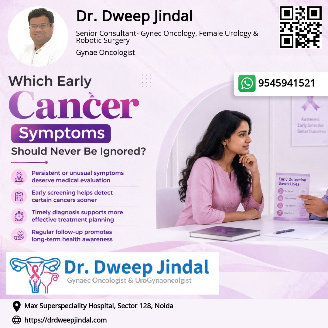 dweepjindal24's tweet photo. Not every persistent symptom means cancer, but changes that don’t go away should never be ignored. Early medical evaluation and appropriate screening can help detect certain cancers at an earlier stage, when treatment options are often more effective. Consult us for expert oncology care. #gyneconcology #CancerAwareness #EarlyDetection #CancerScreening #delhincroncologist