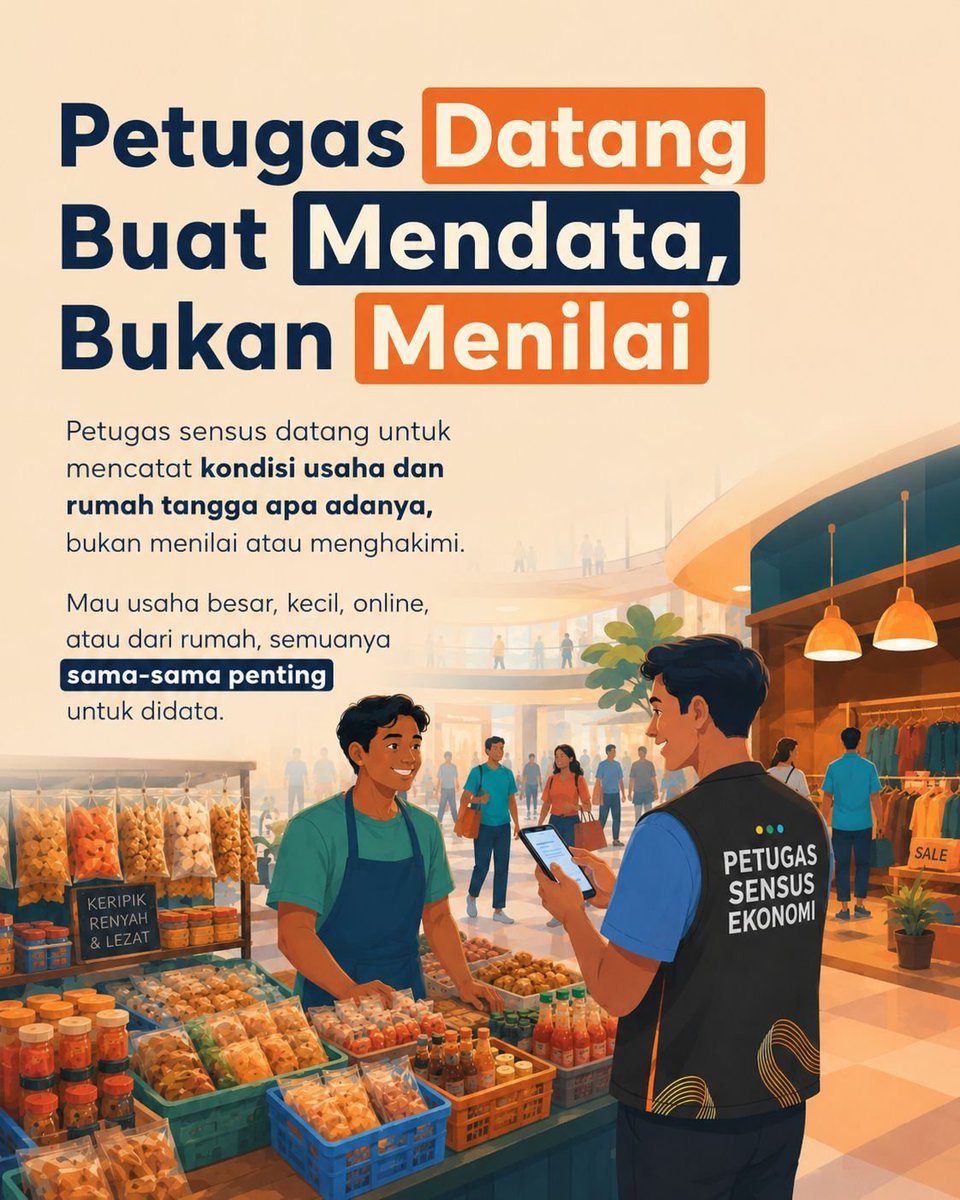 mimstash's tweet photo. Sensus Ekonomi 2026 ini penting supaya kondisi usaha dan ekonomi masyarakat di tiap daerah bisa benar-benar dipahami. Mari bantu dengan memberi informasi yang sesuai kenyataan. #StatistikBerdampak #SayaSudahDisensus https://t.co/7Xtyy3dNb5
